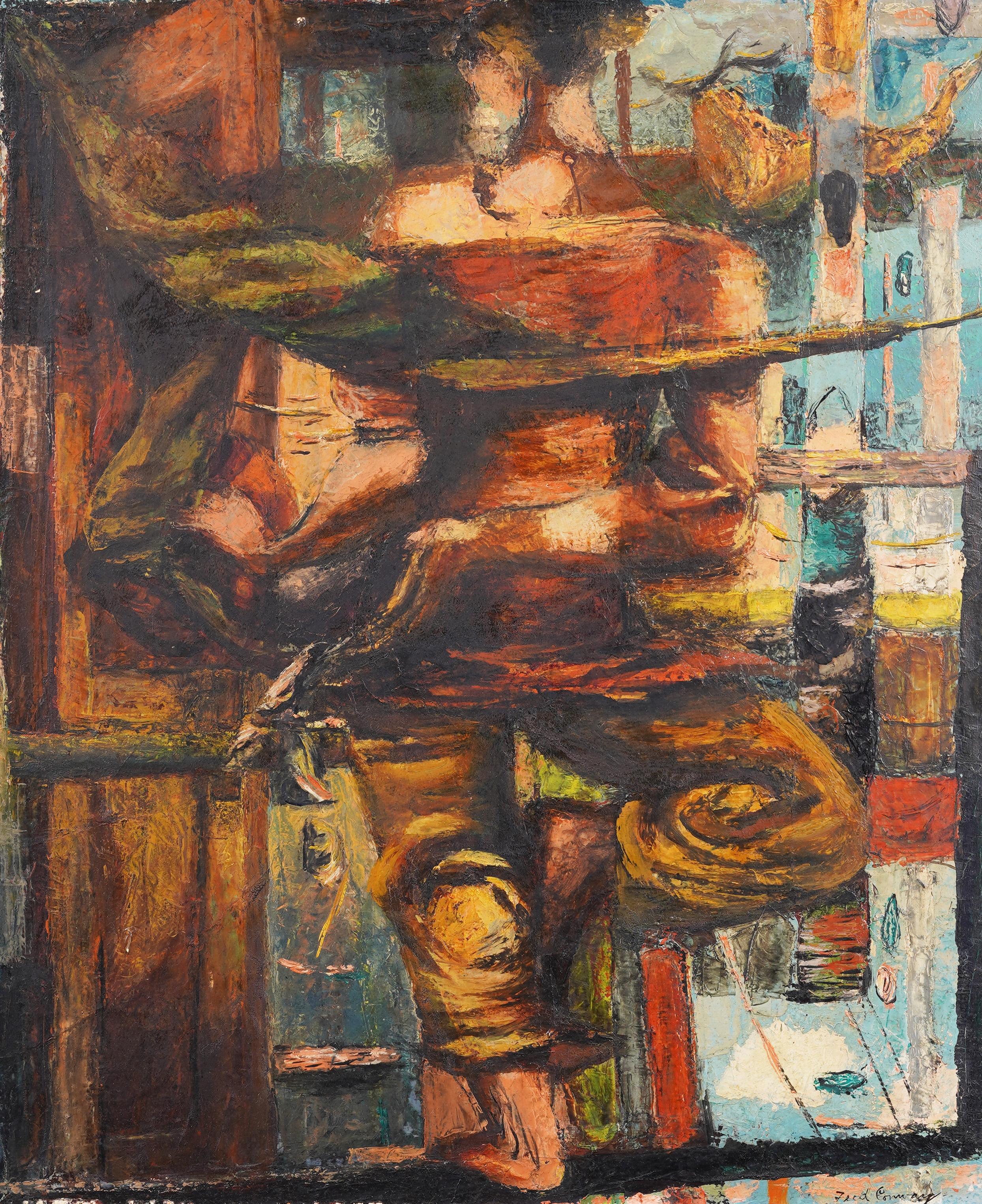 Antico dipinto ad olio modernista astratto di scuola meridionale cubista Ritratto di donna - Painting Cubismo di Frederick E. Conway 