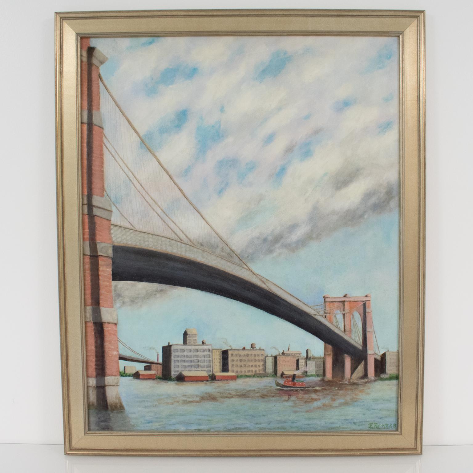 Brooklyn Transfer East River Crossing, Pintura al óleo sobre lienzo Frederick Reimers - Painting Moderno de Frederick E. Reimers
