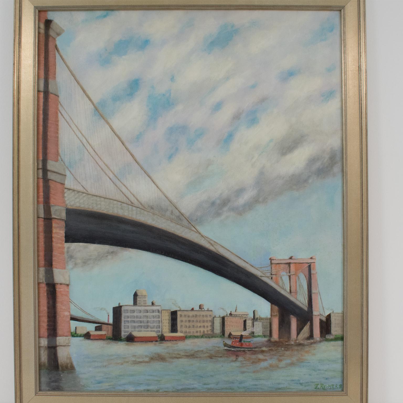 Brooklyn Transfer East River Crossing, Oil on Canvas Painting Frederick Reimers - Gray Landscape Painting by Frederick E. Reimers
