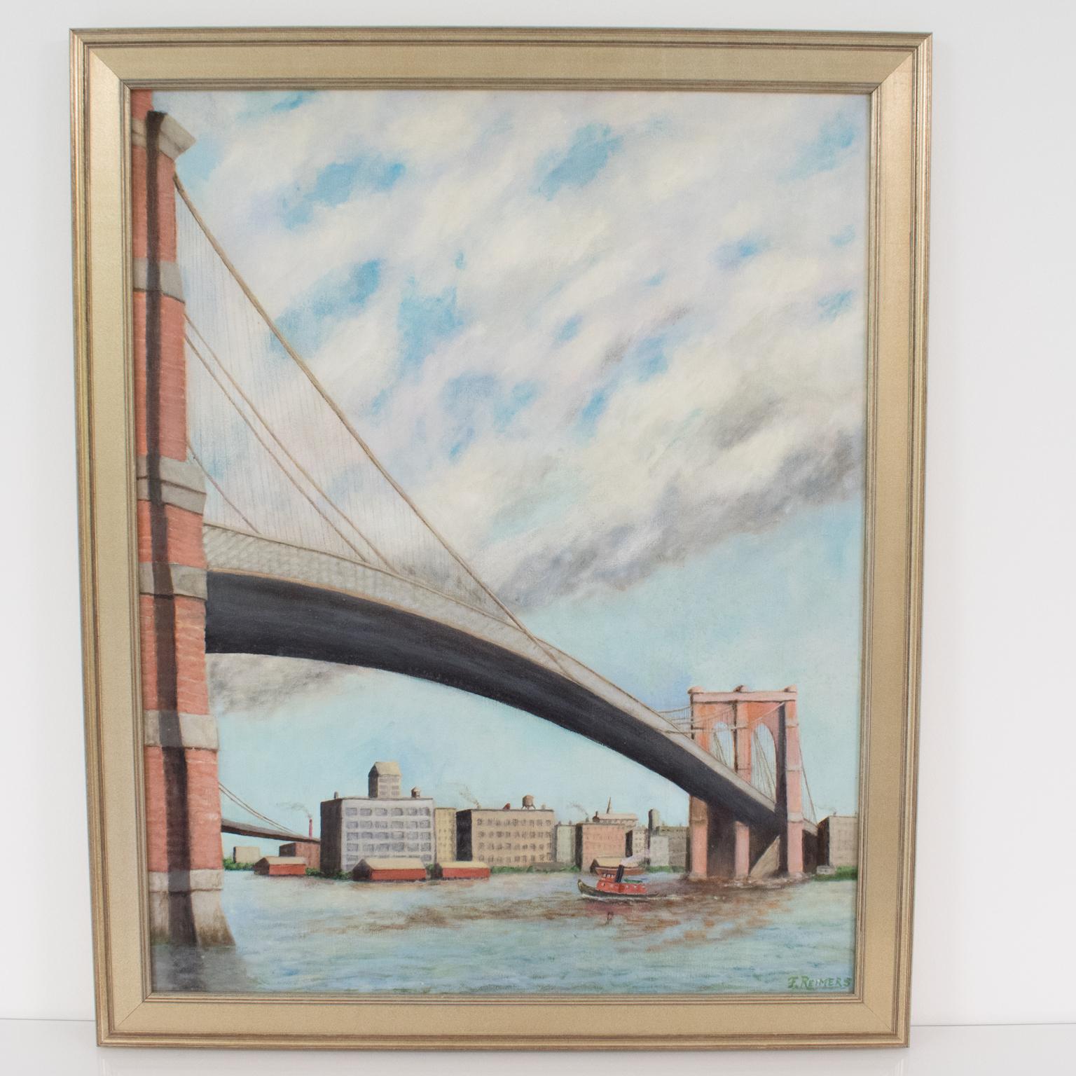 Brooklyn Transfer East River Crossing, Oil on Canvas Painting Frederick Reimers For Sale 3