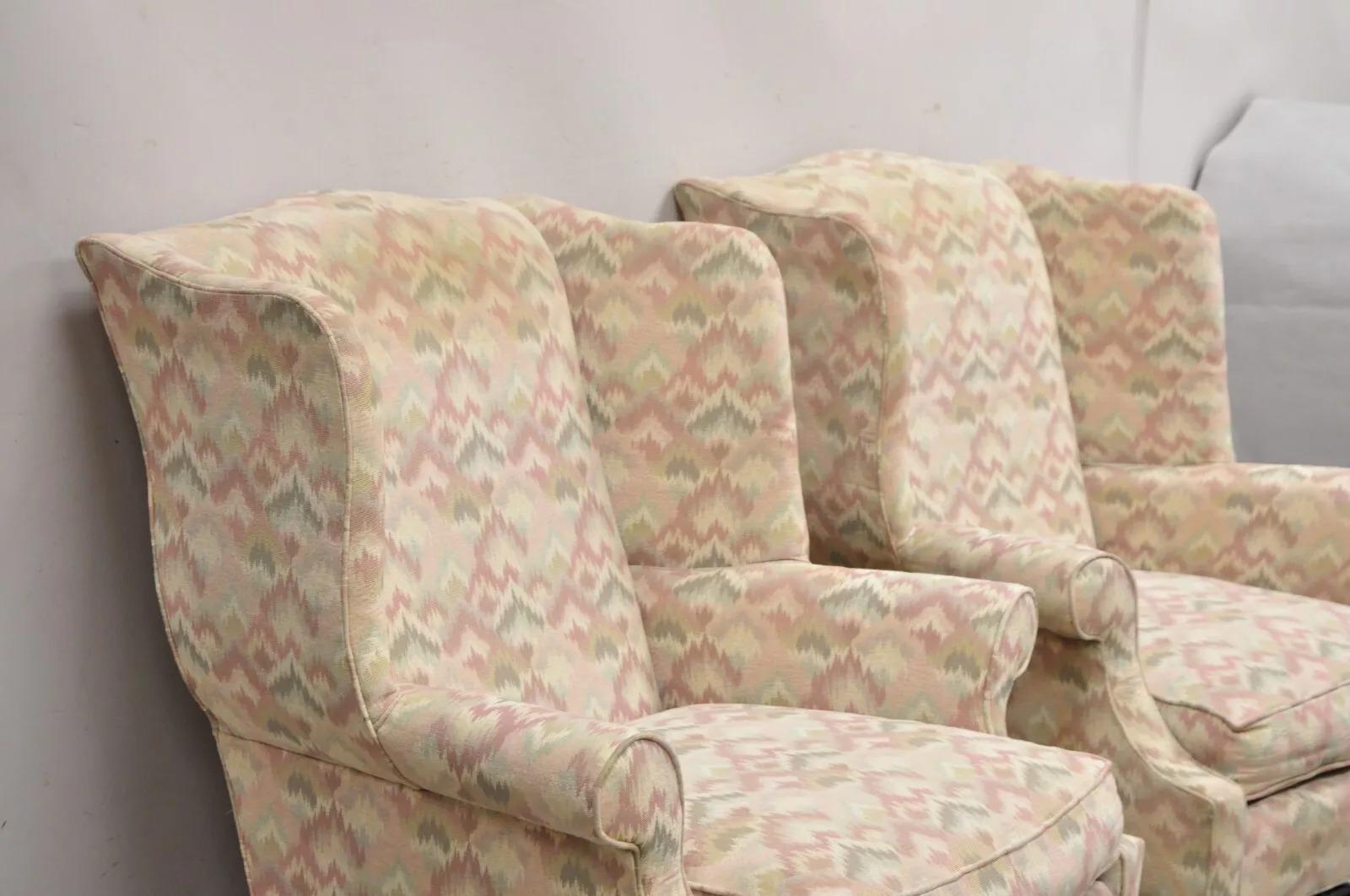 Frederick Edward Georgian Style Upholstered Wingback Lounge Arm Chairs - a Pair In Good Condition For Sale In Philadelphia, PA