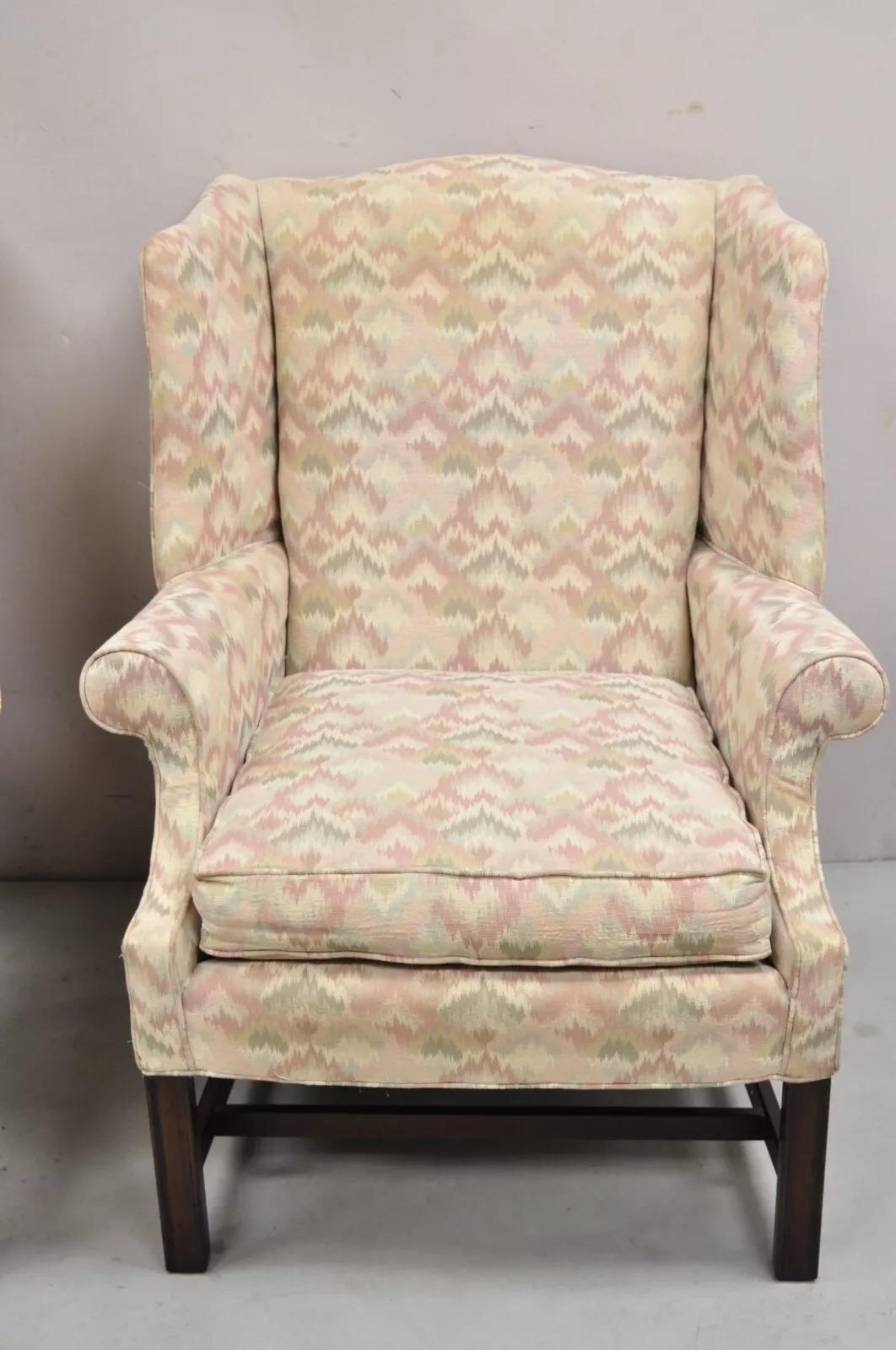 20th Century Frederick Edward Georgian Style Upholstered Wingback Lounge Arm Chairs - a Pair For Sale