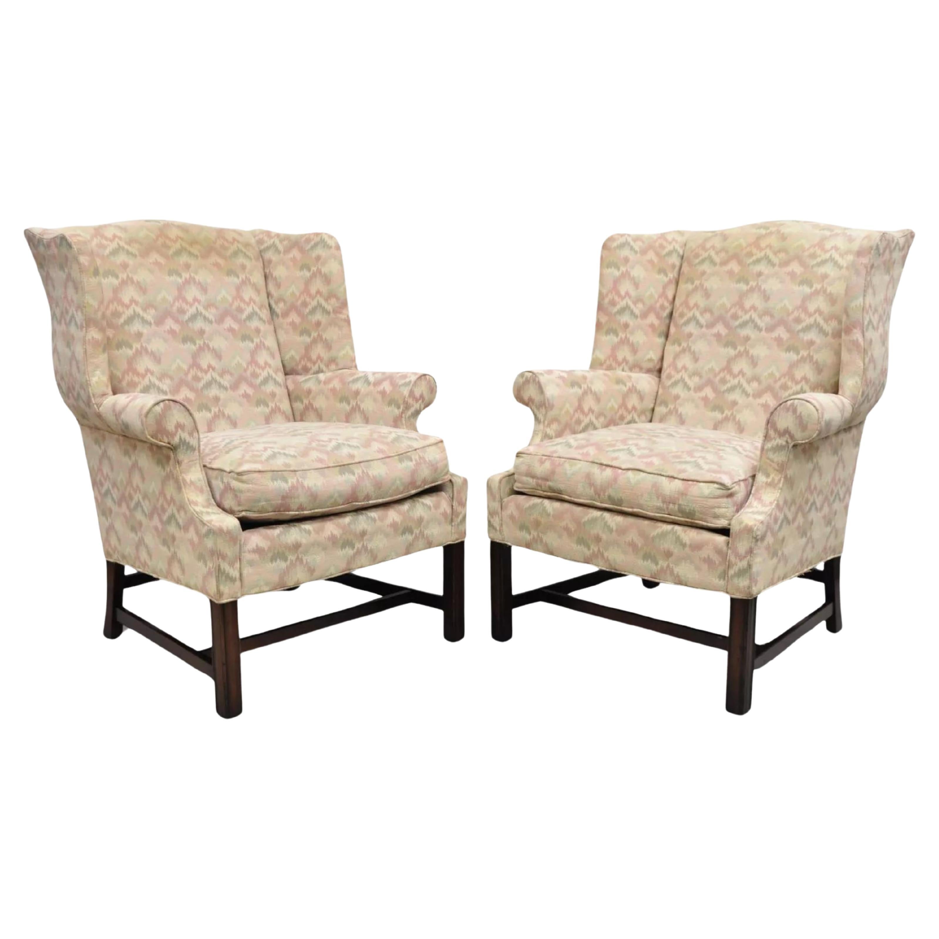 Frederick Edward Georgian Style Upholstered Wingback Lounge Arm Chairs - a Pair For Sale