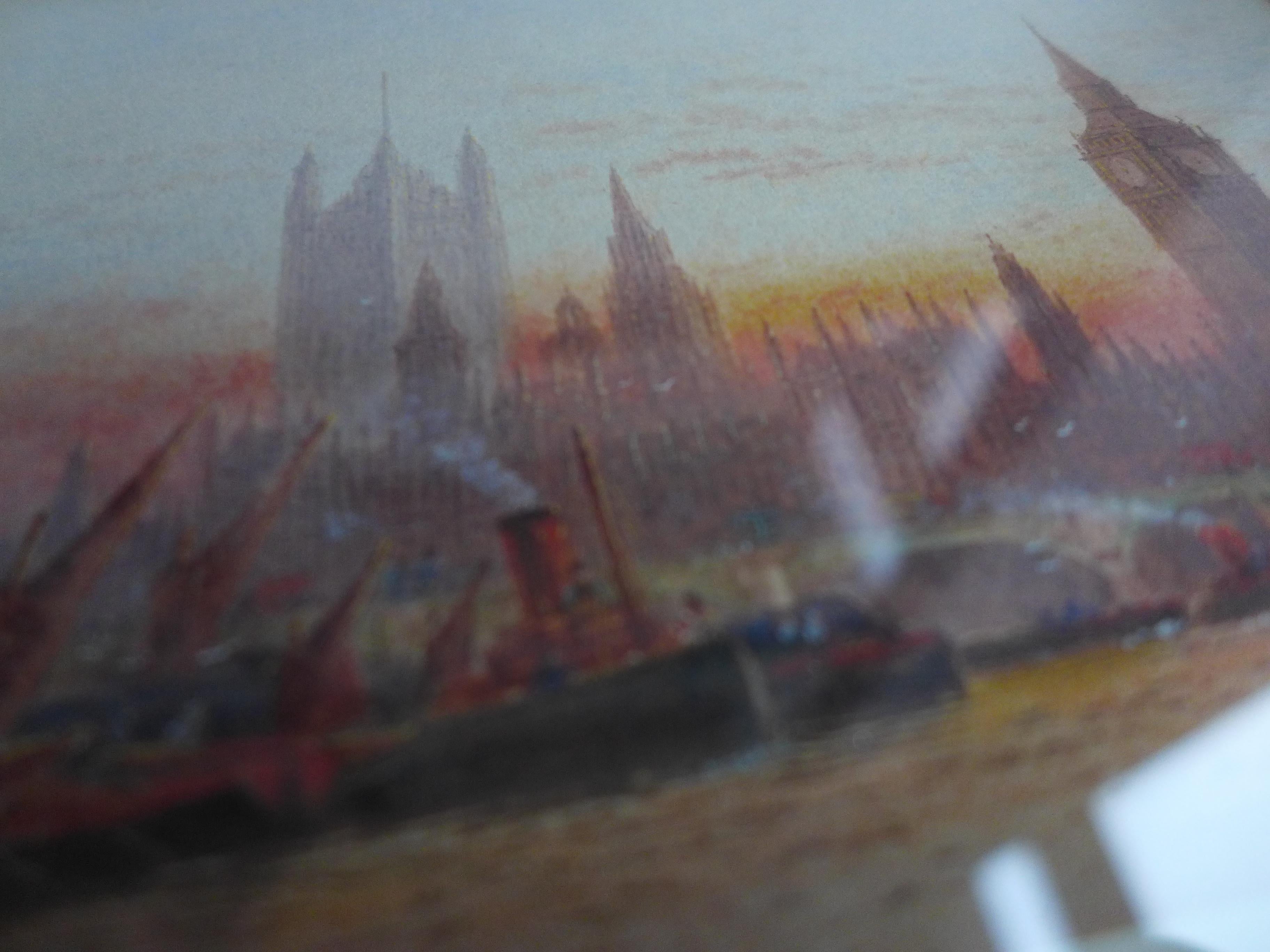 A charming watercolor on board by Frederick Edward Joseph Goff, depicting a delicate view of Westminster in London. Signed by the artist, this early 20th-century piece measures 11 × 14.5 cm and is presented framed behind glass.
Goff’s work captures