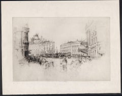 Piccadilly Circus, London, etching by Frederick Farrell, circa 1920