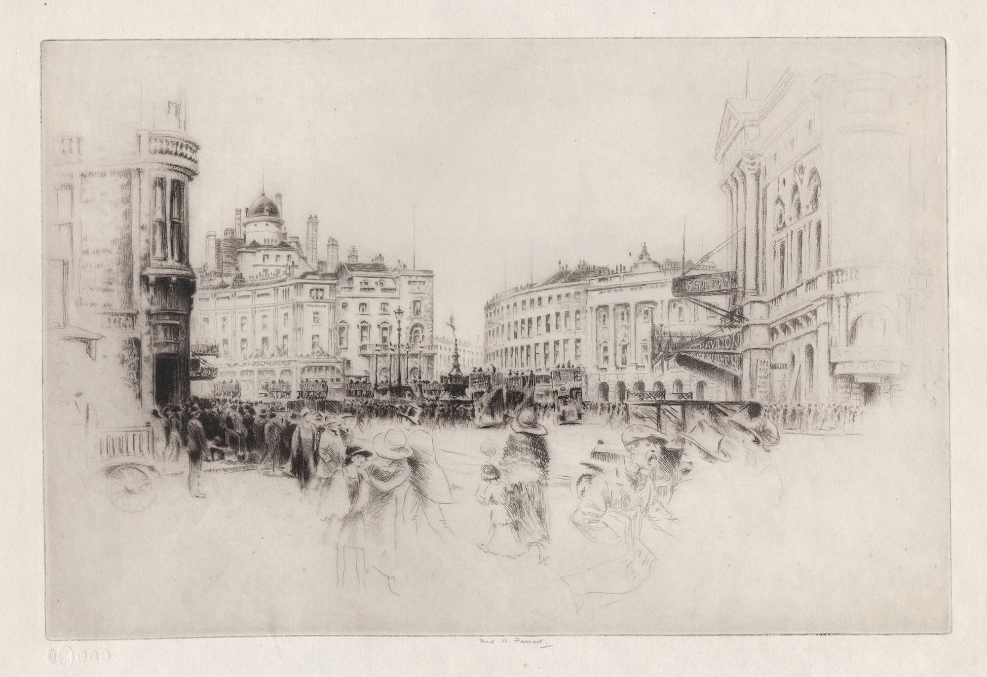 Piccadilly Circus, Londres, aguafuerte de Frederick Farrell, hacia 1920