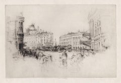 Piccadilly Circus, London, etching by Frederick Farrell, circa 1920