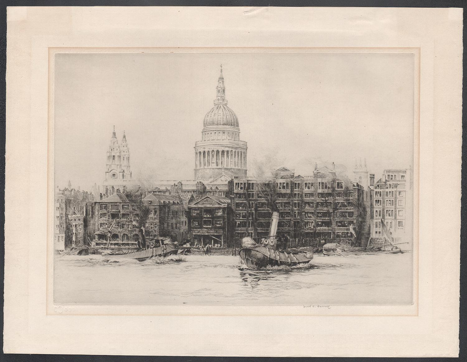 Cathédrale Saint-Paul, Tamise, Londres, eau-forte de Frederick Farrell, vers 1920 en vente 1