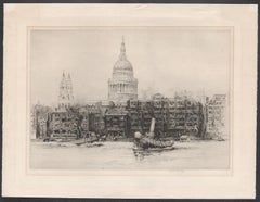 St Paul's Cathedral, Thames, London, etching by Frederick Farrell, circa 1920