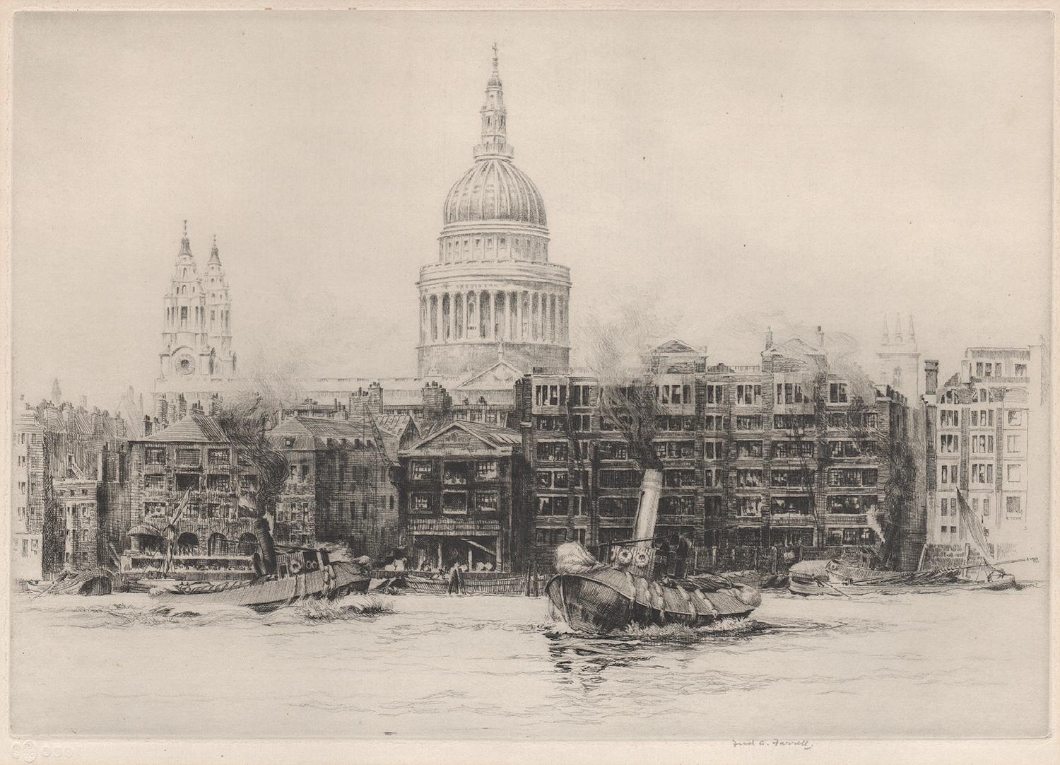 St Paul's Cathedral, Thames, London, etching by Frederick Farrell, circa 1920