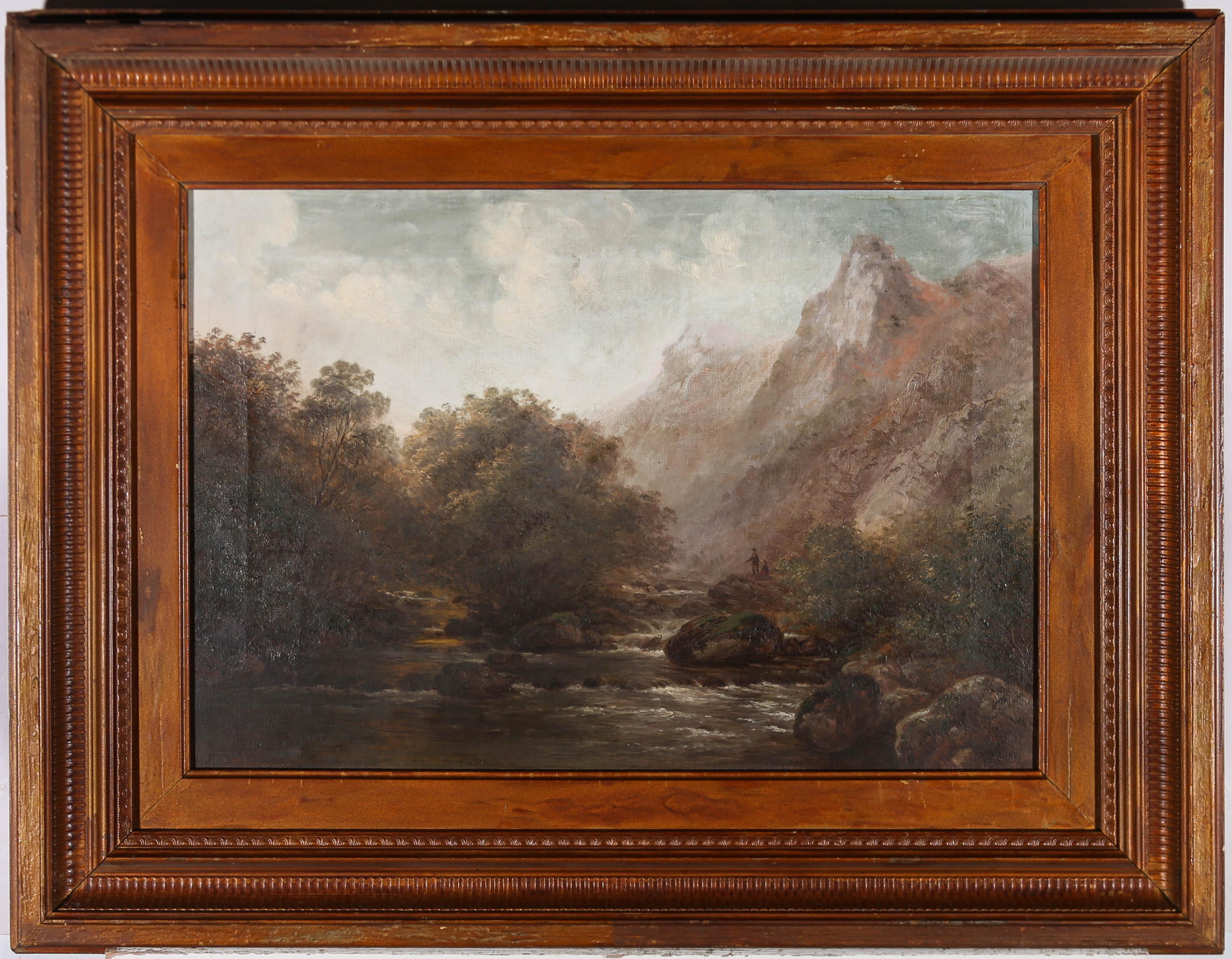 A charming oil on canvas of the sharp Tor of the Teign in Devon, UK. We can see the river running past with a pair of fisherman patiently waiting for their catch on the river bank beneath the tor. Signed and inscribed with the location to the