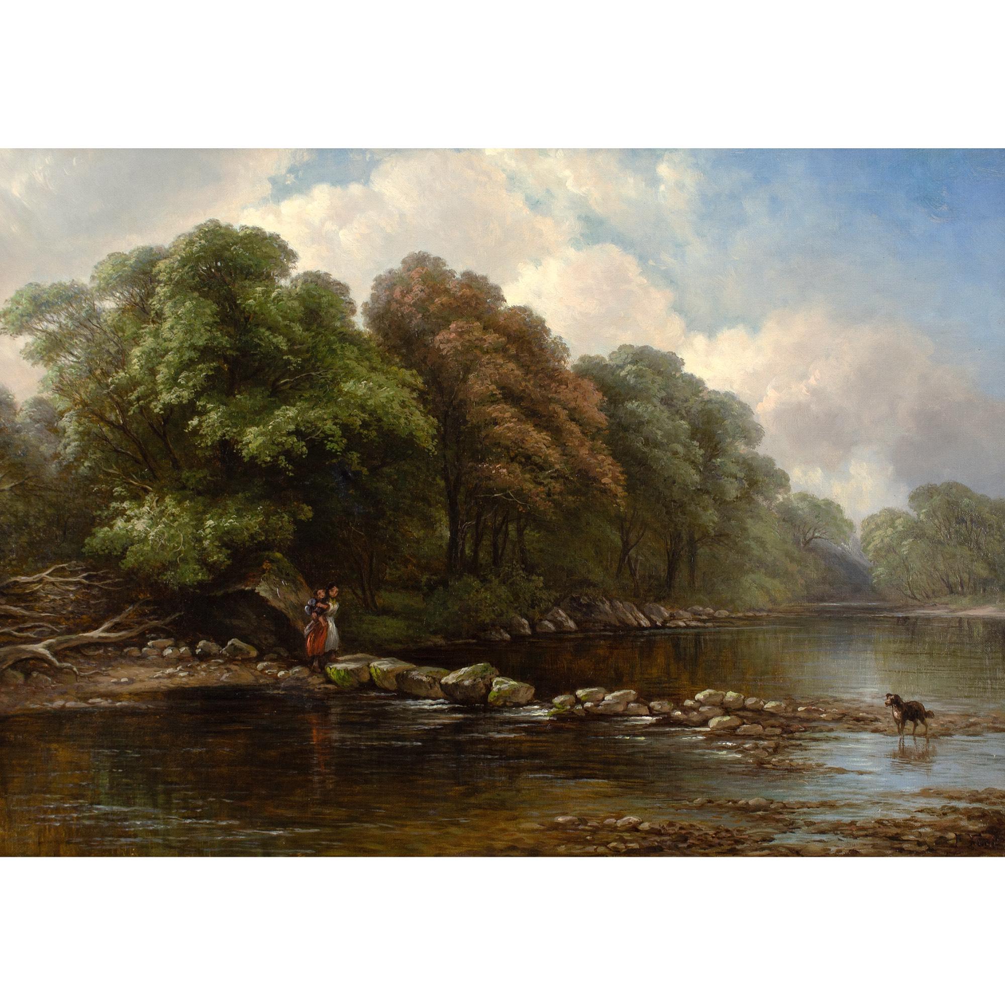 This mid-19th-century oil painting by British artist Frederick Foot (1830-1908) depicts a river view with figures, stones and dog. Foot was an accomplished landscape painter working predominantly in the South-West of England.

Born in Ashburton,