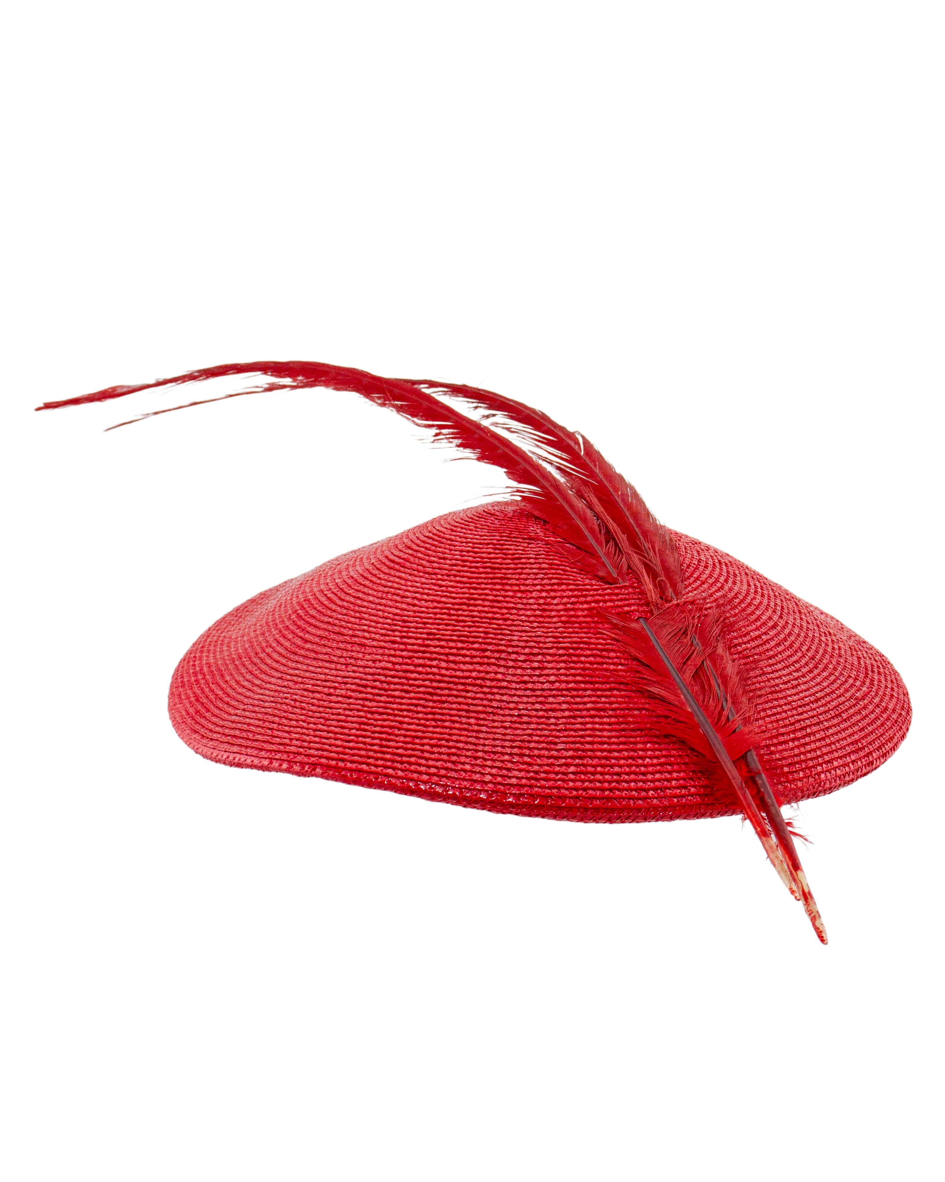 Gray Frederick Fox 1960's Red Straw Fascinator Hat with Feather For Sale