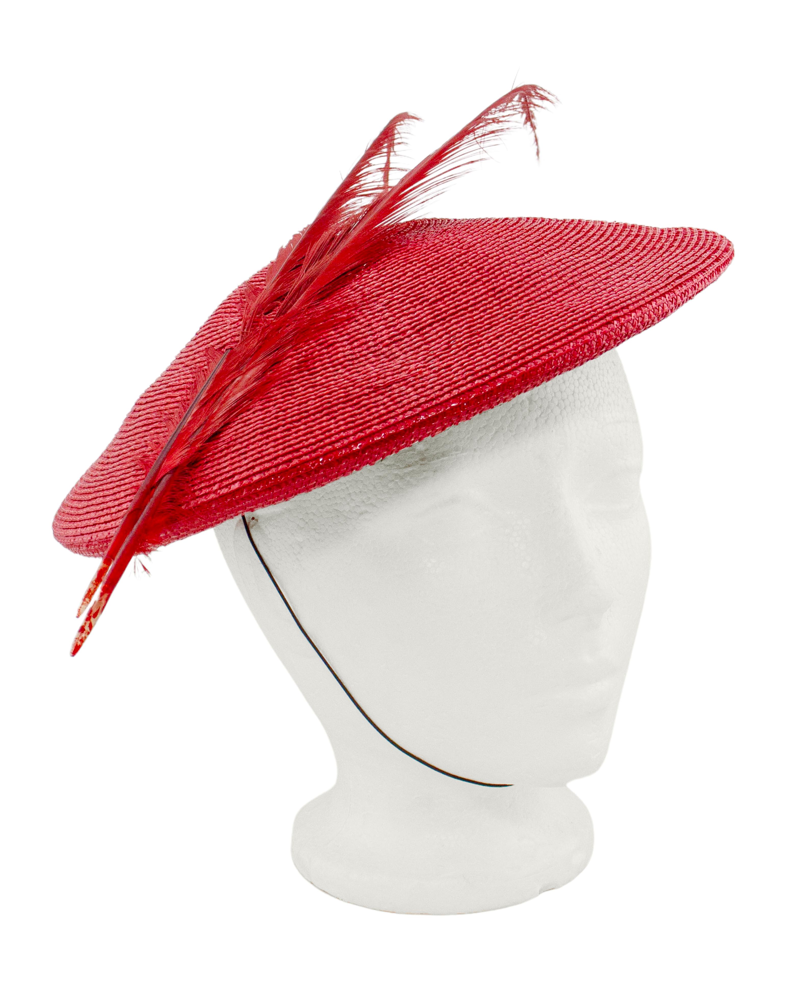 Frederick Fox 1960's Red Straw Fascinator Hat with Feather In Good Condition For Sale In Toronto, Ontario