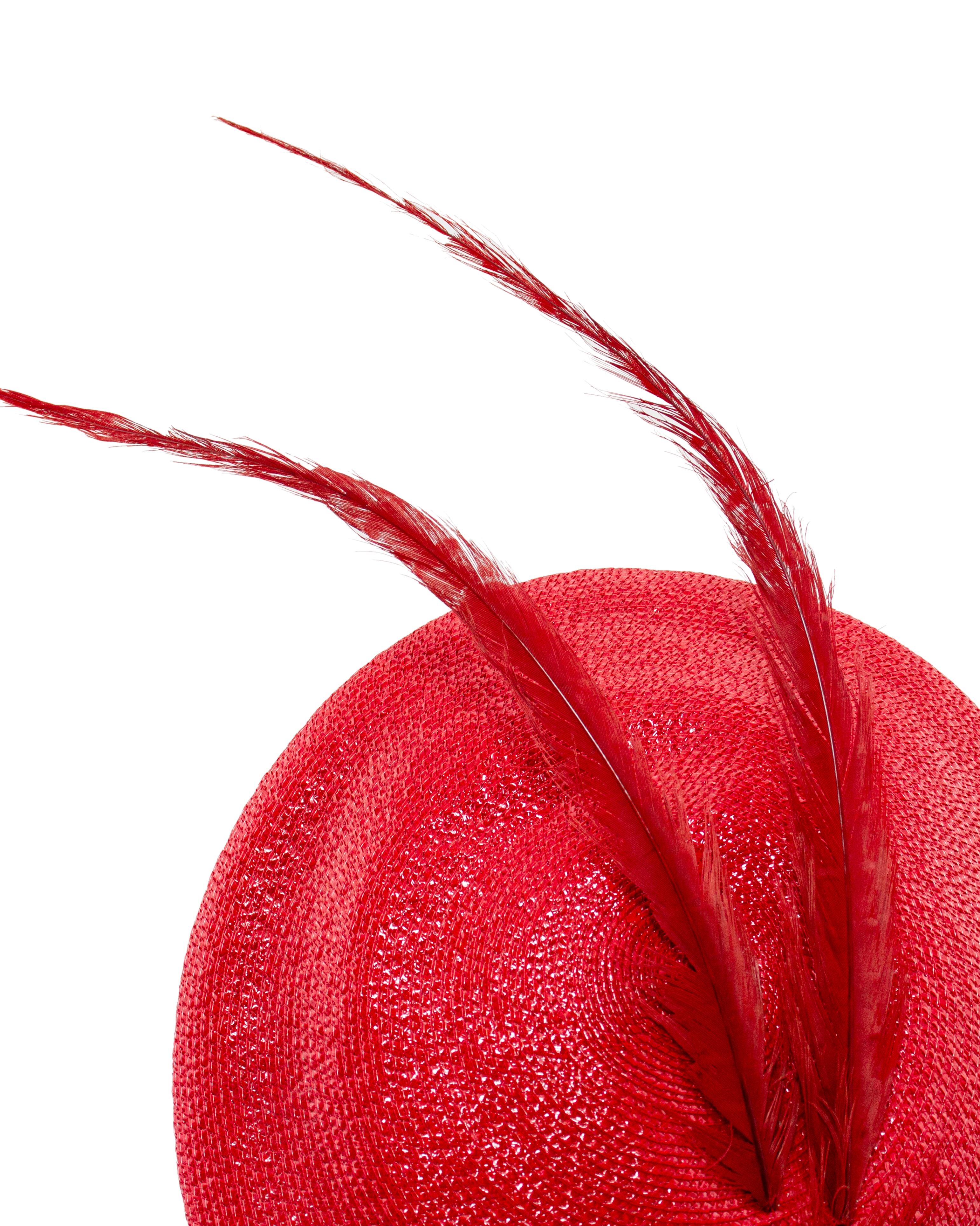 Frederick Fox 1960's Red Straw Fascinator Hat with Feather For Sale 1