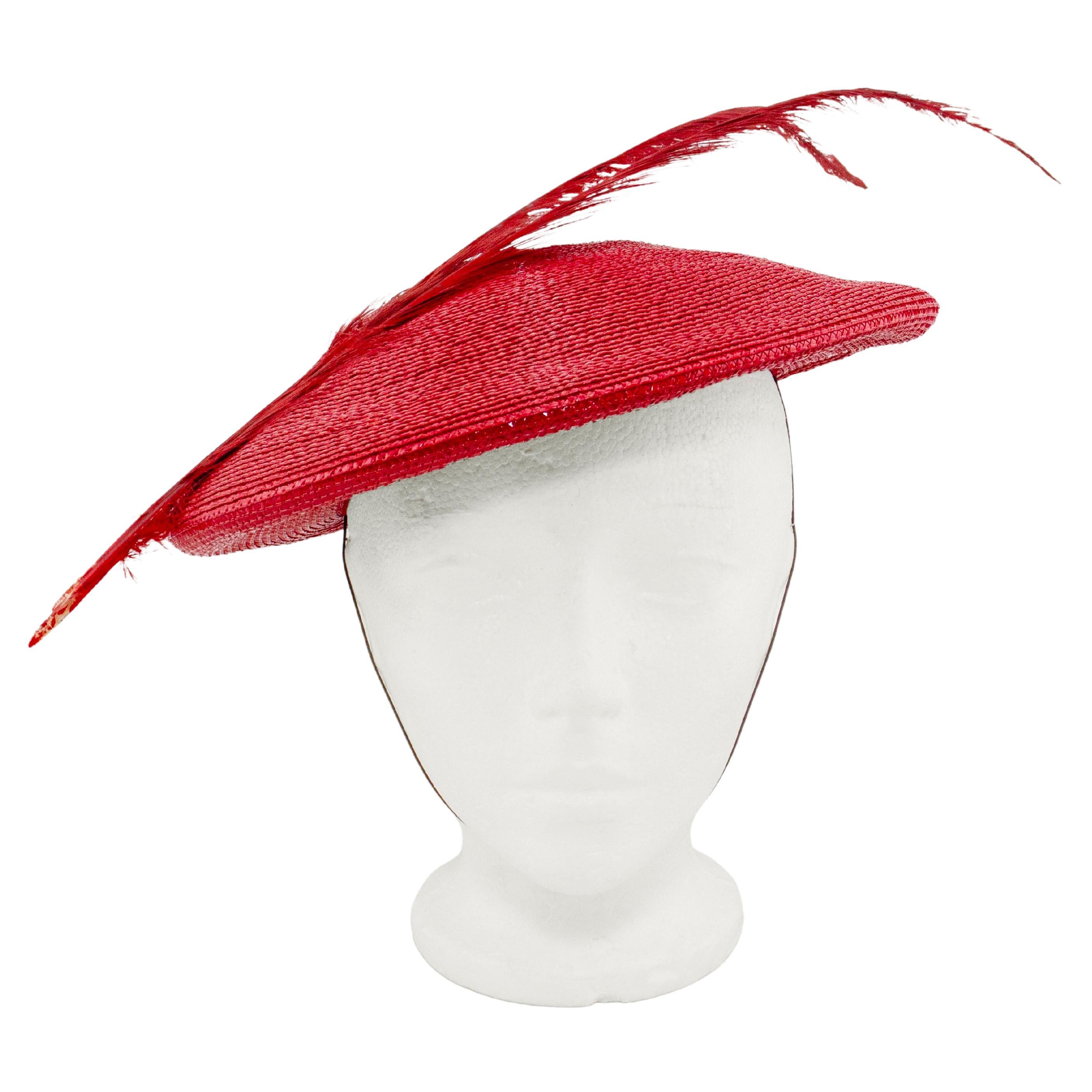 Frederick Fox 1960's Red Straw Fascinator Hat with Feather For Sale