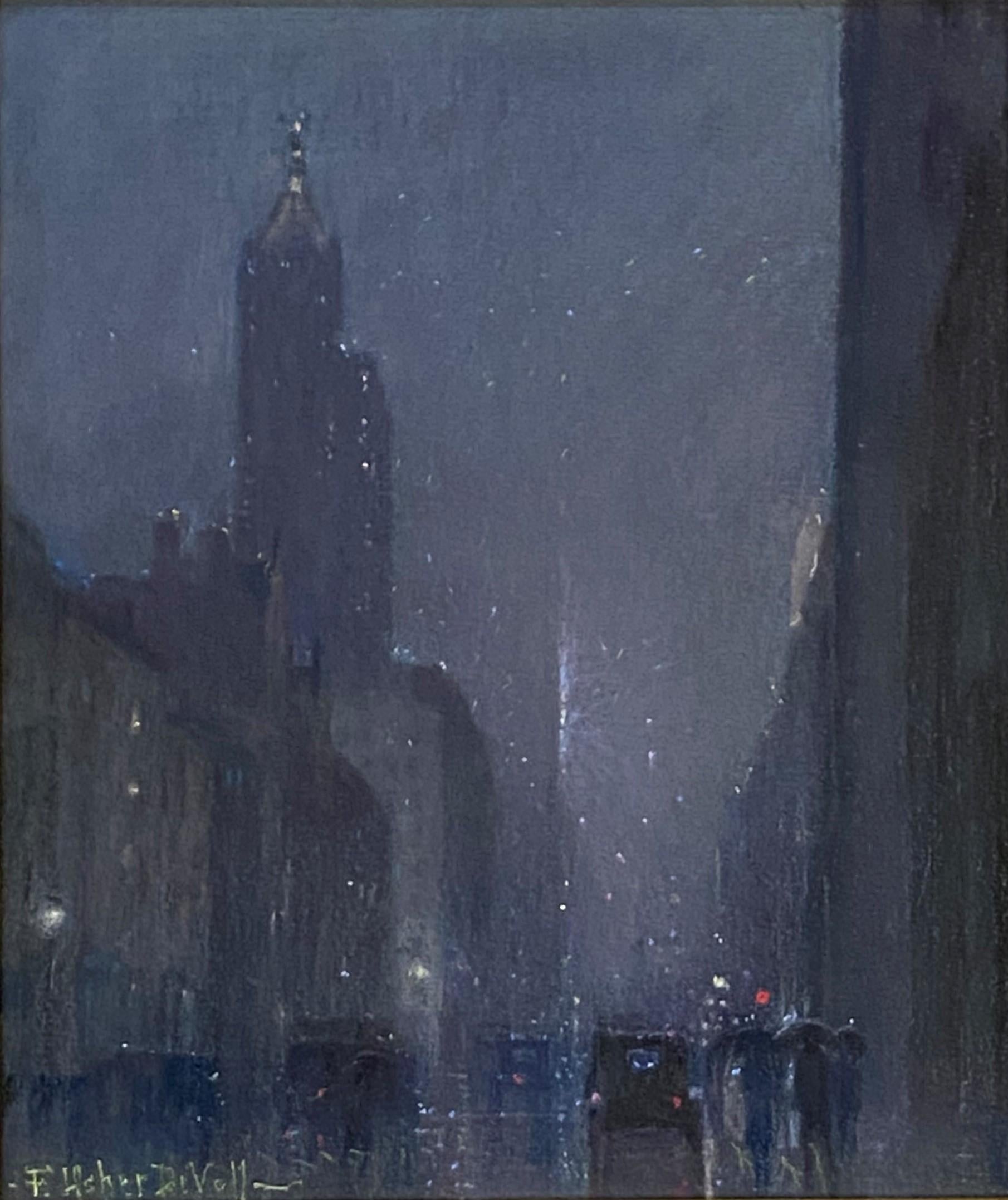 New York City Street Scene at Night - Painting by Frederick (Frank) Usher De Voll