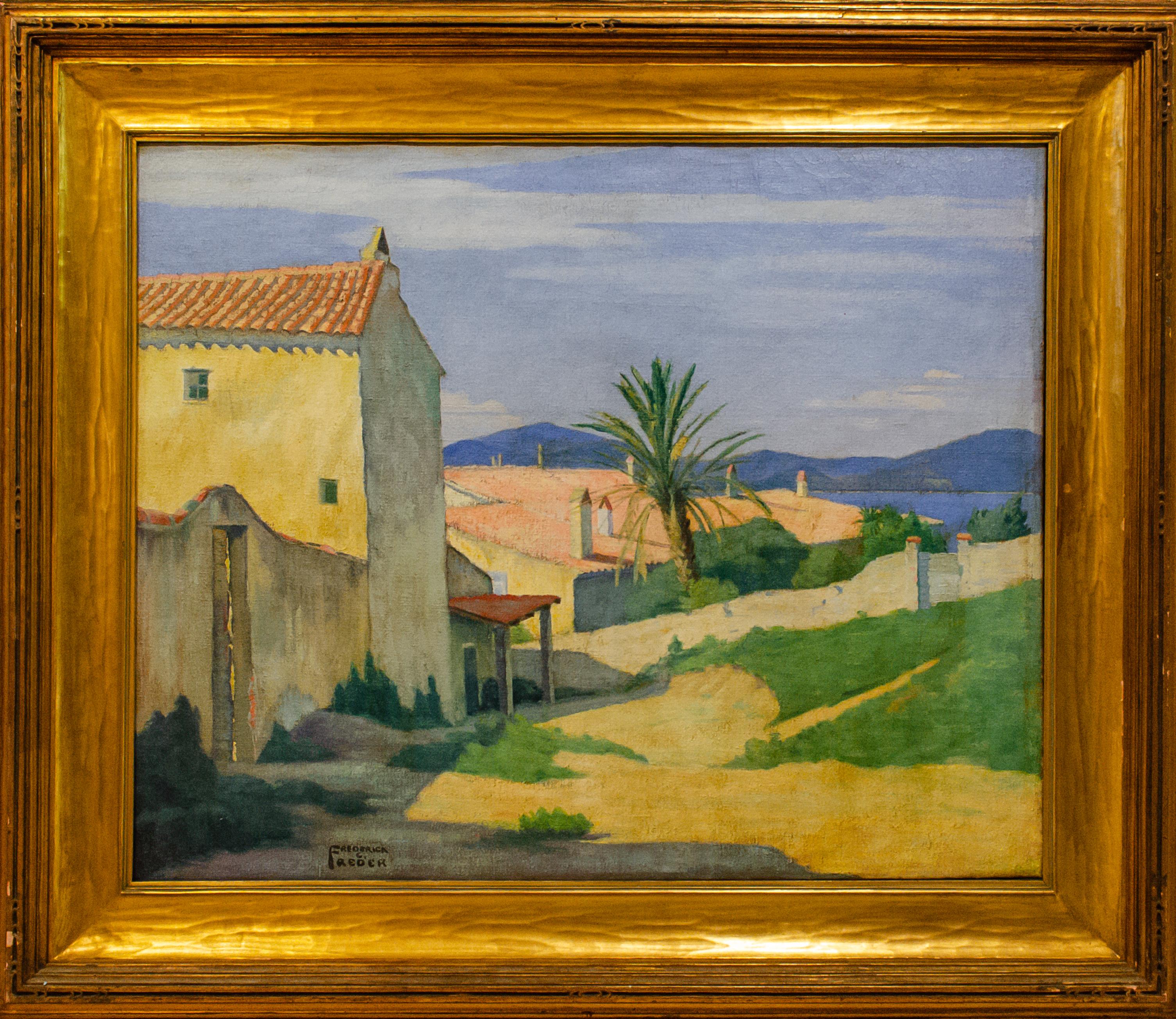 Frederick Freder (americano, 1895-1954)
St. Tropez, Francia, 1921
Olio su tela
26 x 32 pollici.
Incorniciato: 32 x 38 pollici.
Firmato sul retro: Frederick C. Freder, The Palm Tree, Saint Tropez, St. Tropez, Francia, 1921
Etichetta della mostra