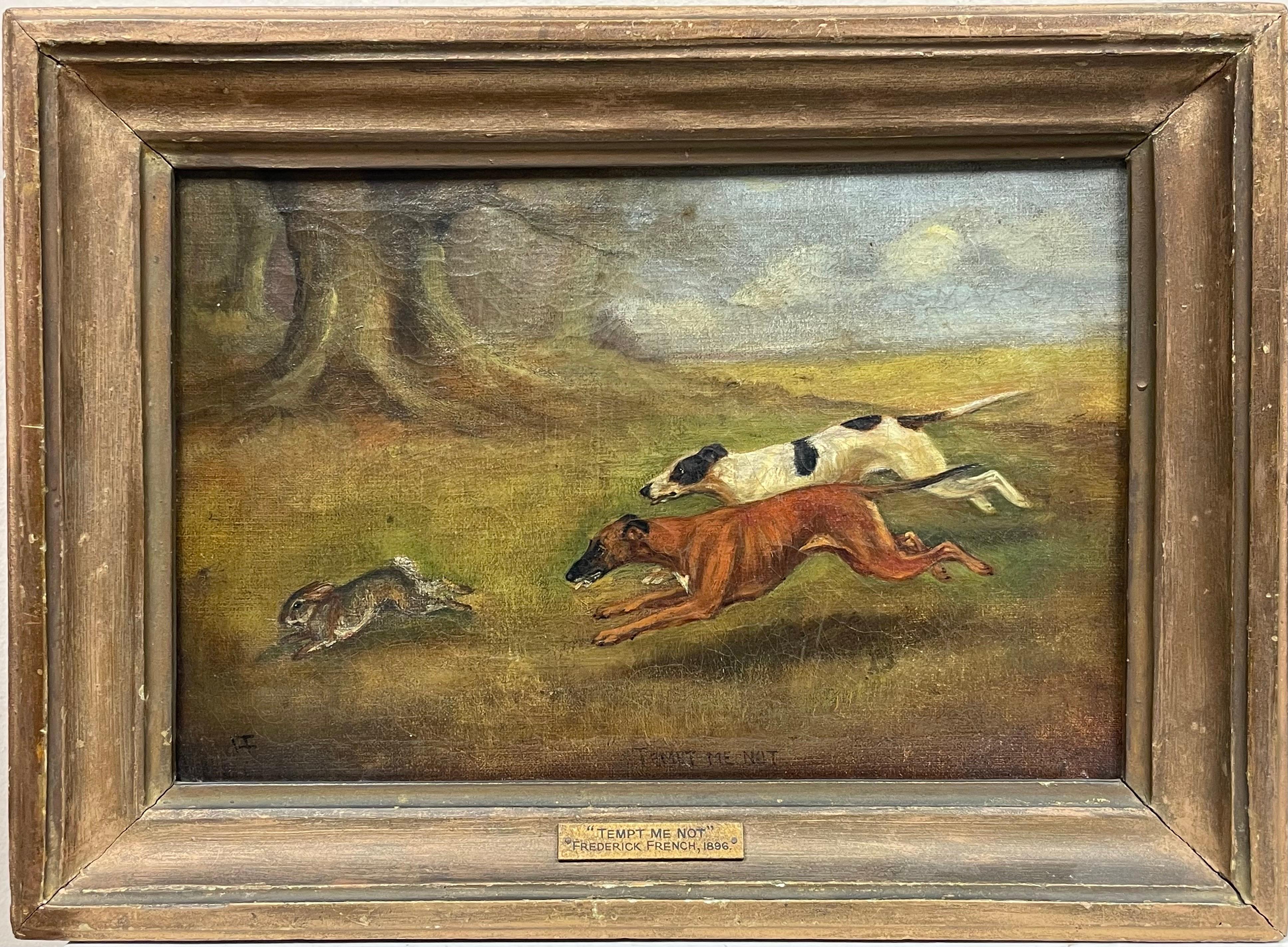 Fine peinture britannique du 19ème siècle représentant des chiens qui chassent des lapins, signée et datée de 1896