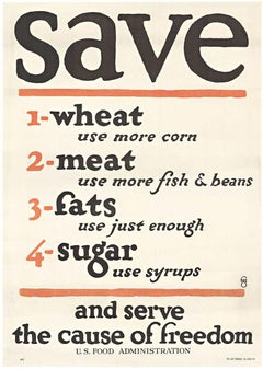 Original Save Wheat, Meat, Fats and Sugar World War 1 vintage poster