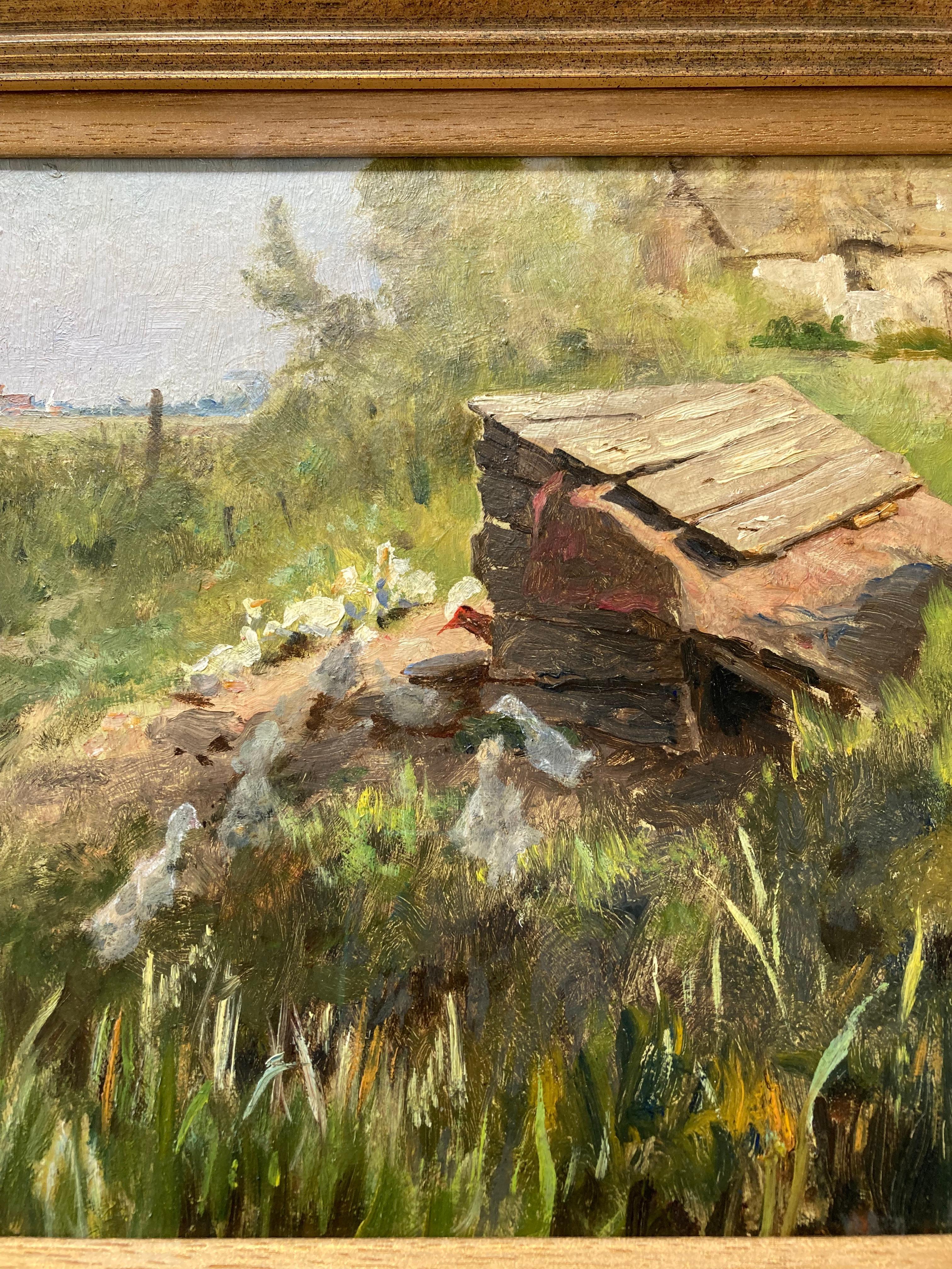 Une belle huile impressionniste de canards au soleil dans un paysage de Norfolk broads.

Frederick George Cotman (1850-1920)
Pont d'Acle, vers 1915
Inscrit au verso
Huile sur carton
10 x 16 pouces

Provenance : Collection de la famille