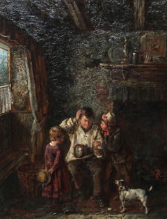 A Quick Repair  - British art 1880 interior oil painting children clock Horology