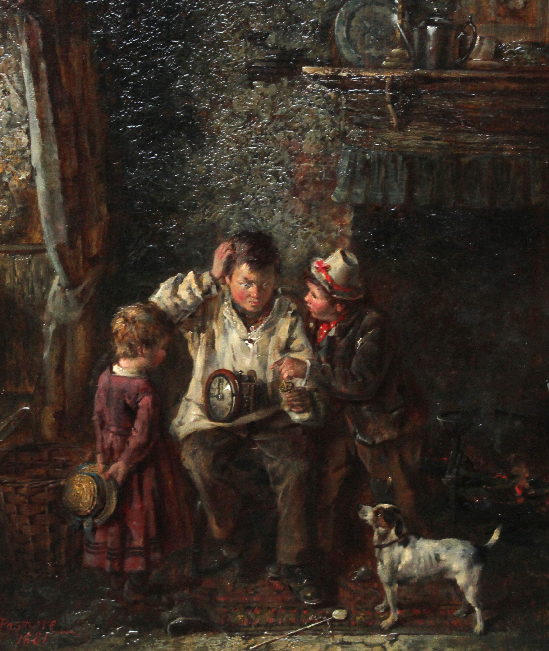 Eine schnelle Reparatur  Britische Kunst 1880 Interieur-Ölgemälde, Kinderuhr, Horologie (Realismus), Painting, von Frederick George Pasmore