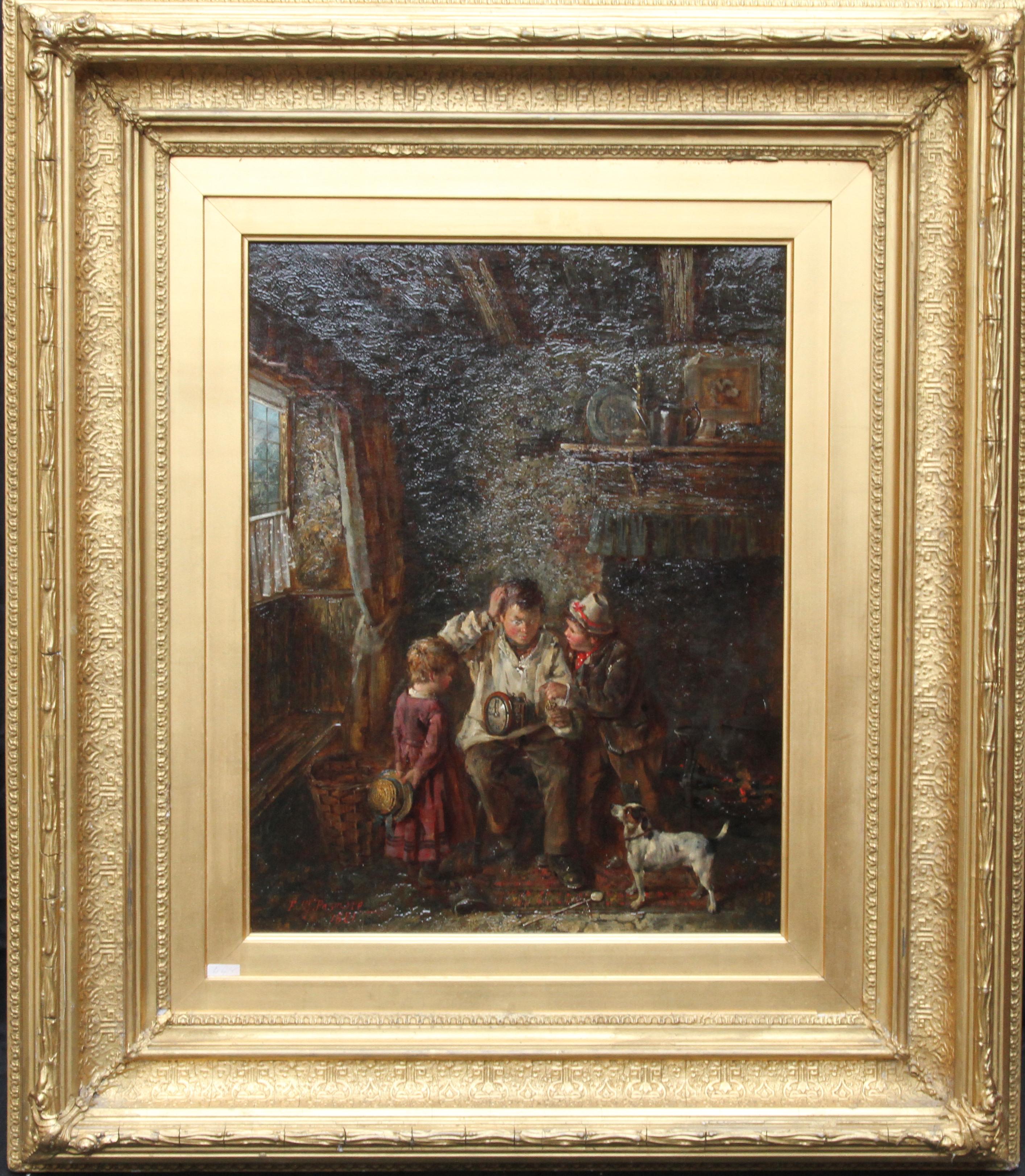 Portrait Painting di Frederick George Pasmore - Una riparazione veloce  - Arte britannica 1880 interno pittura ad olio bambini orologio Orologeria