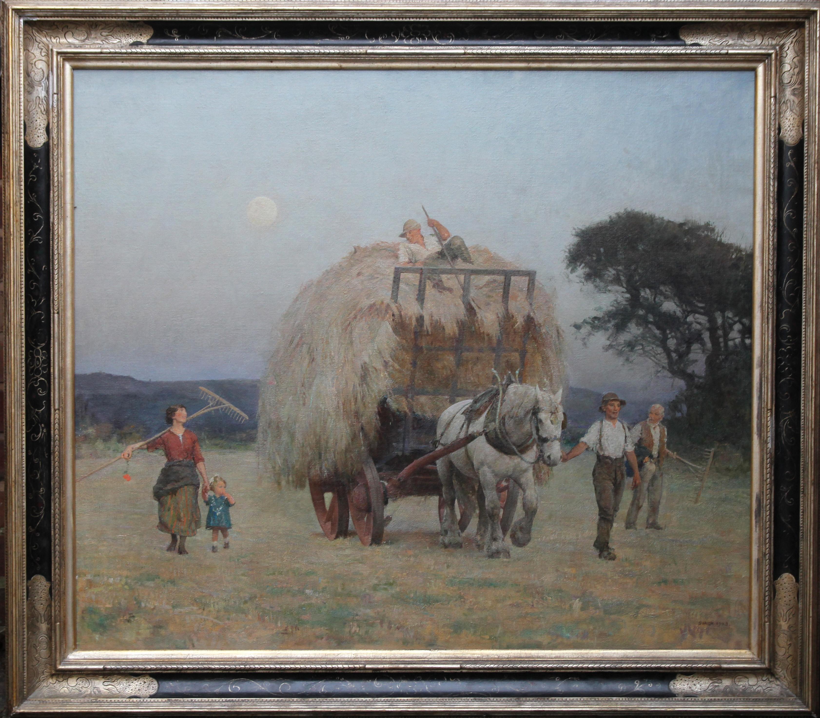 The Close of Day - British 20s Art Deco exhibited oil painting harvest landscape For Sale 6