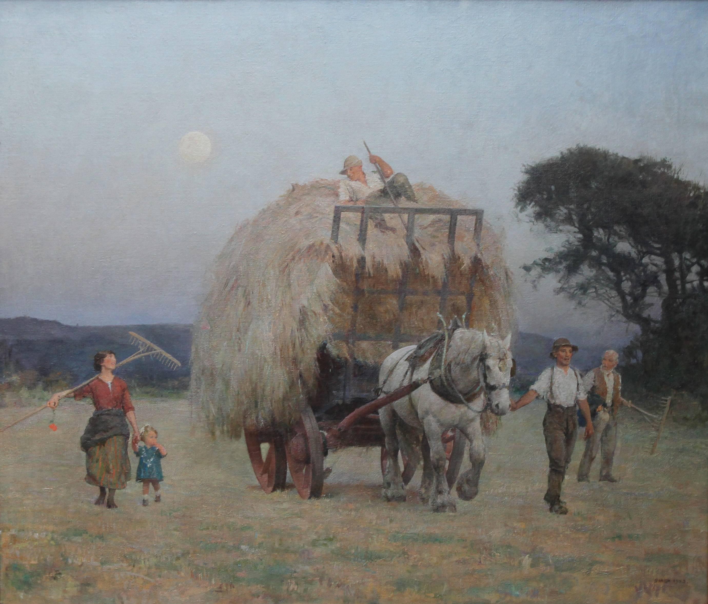 The Close of Day - British 20s Art Deco exhibited oil painting harvest landscape - Painting by Frederick George Swaish