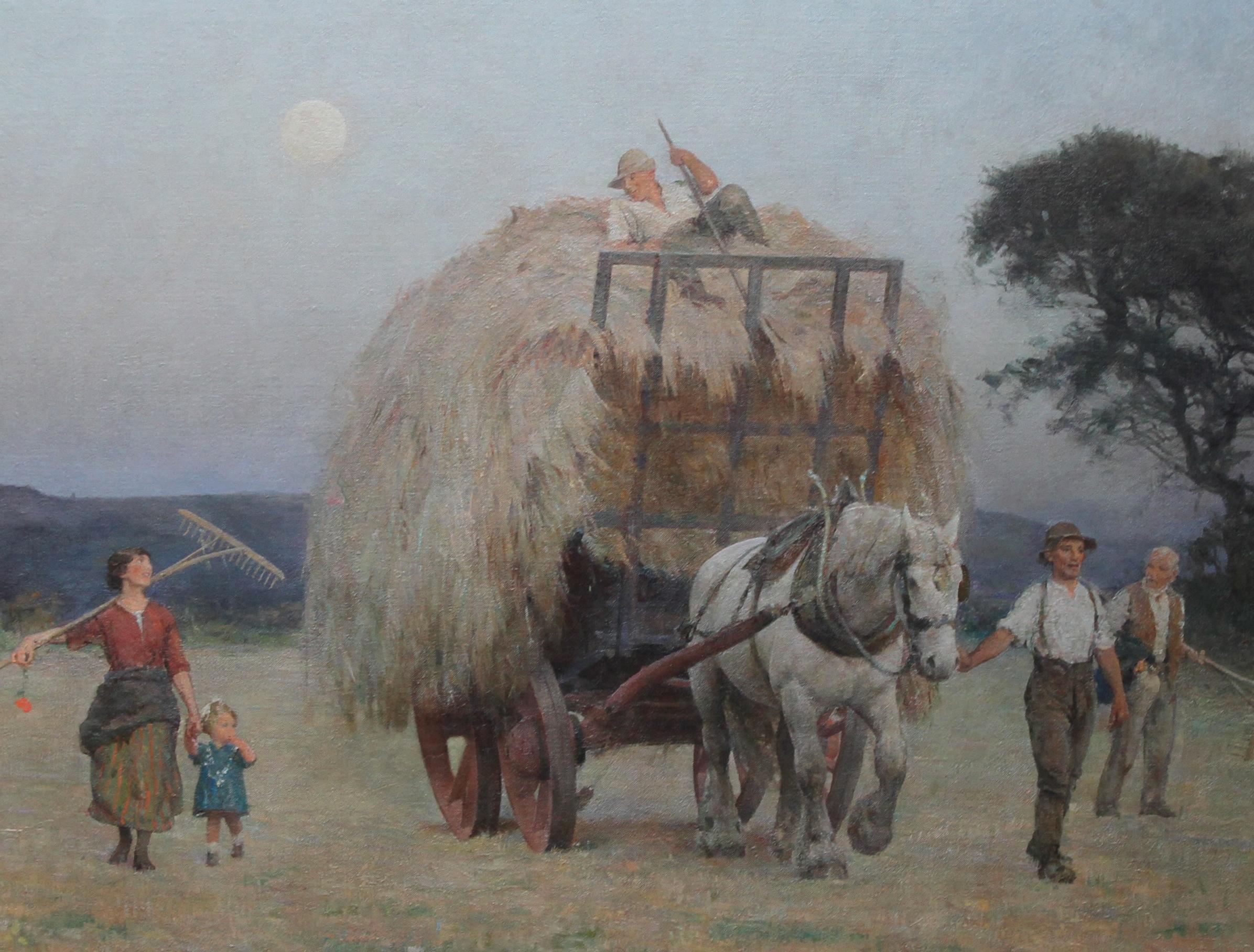 The Close of Day - British 20s Art Deco exhibited oil painting harvest landscape - Gray Animal Painting by Frederick George Swaish
