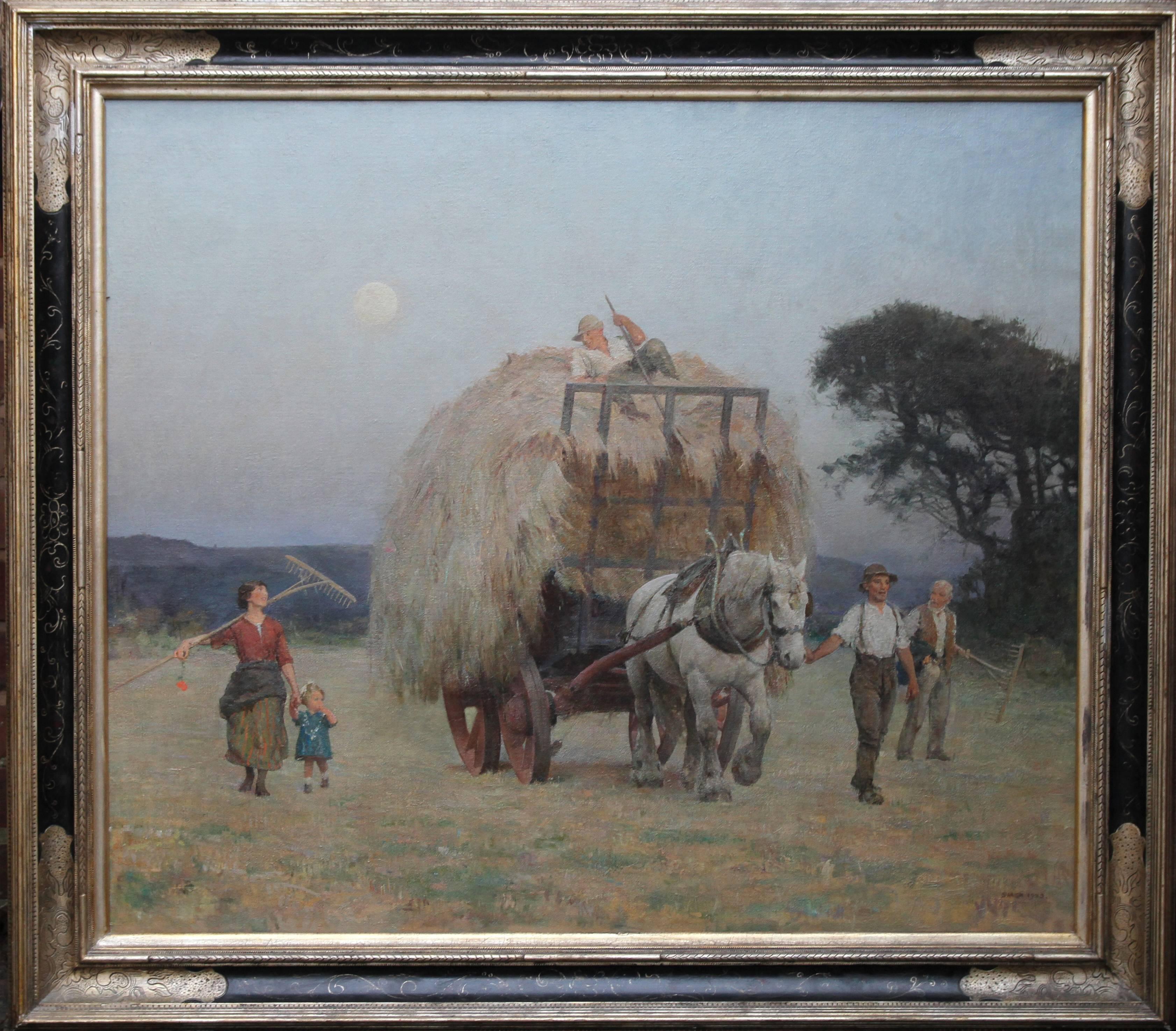 Frederick George Swaish Animal Painting – The Close of Day - Britisches Art-déco-Gemälde der 20er Jahre, Ölgemälde der Erntelandschaft
