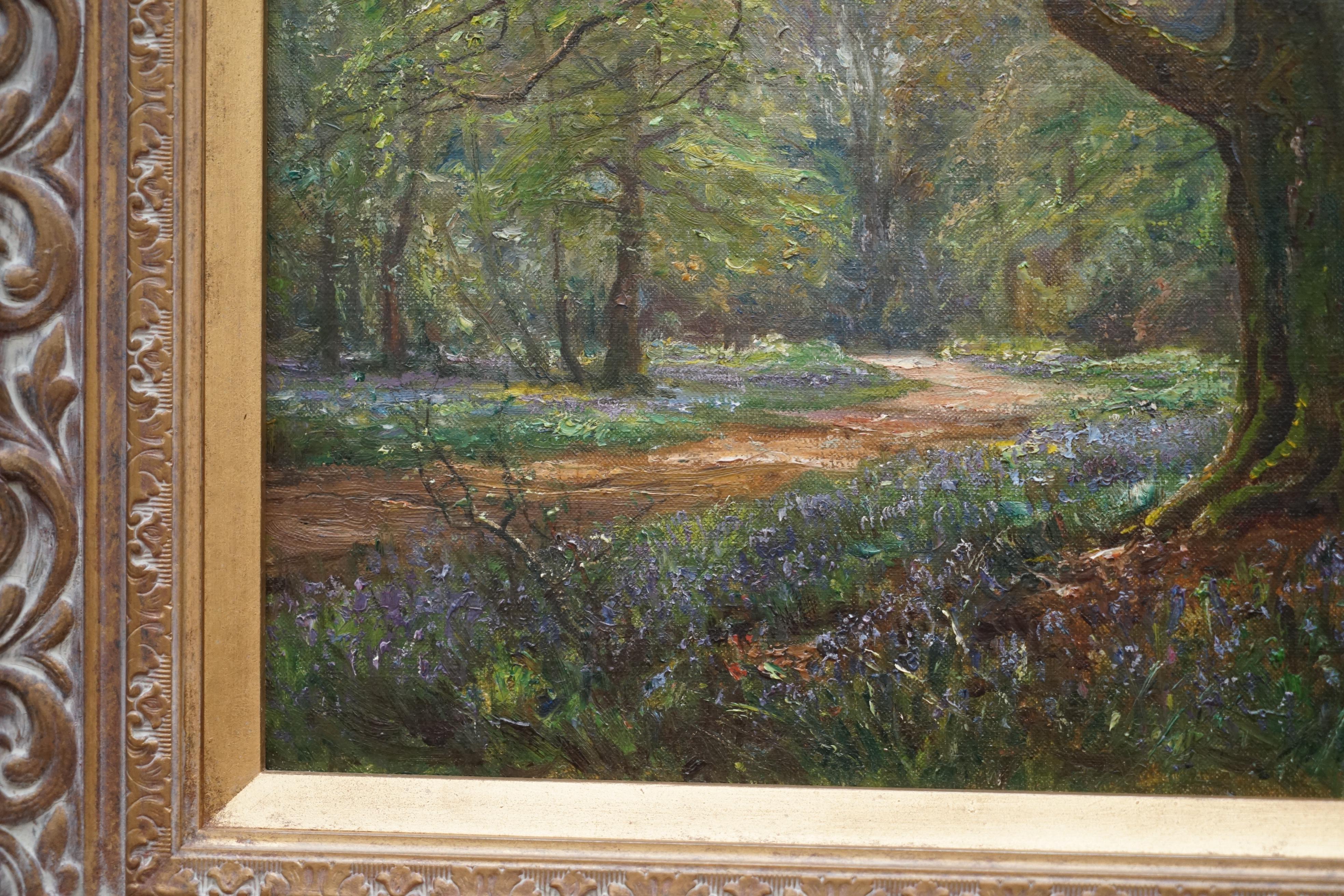 English Frederick Golden Short New Forest Bluebell Wood Signed & Dated 1912 Oil Painting For Sale