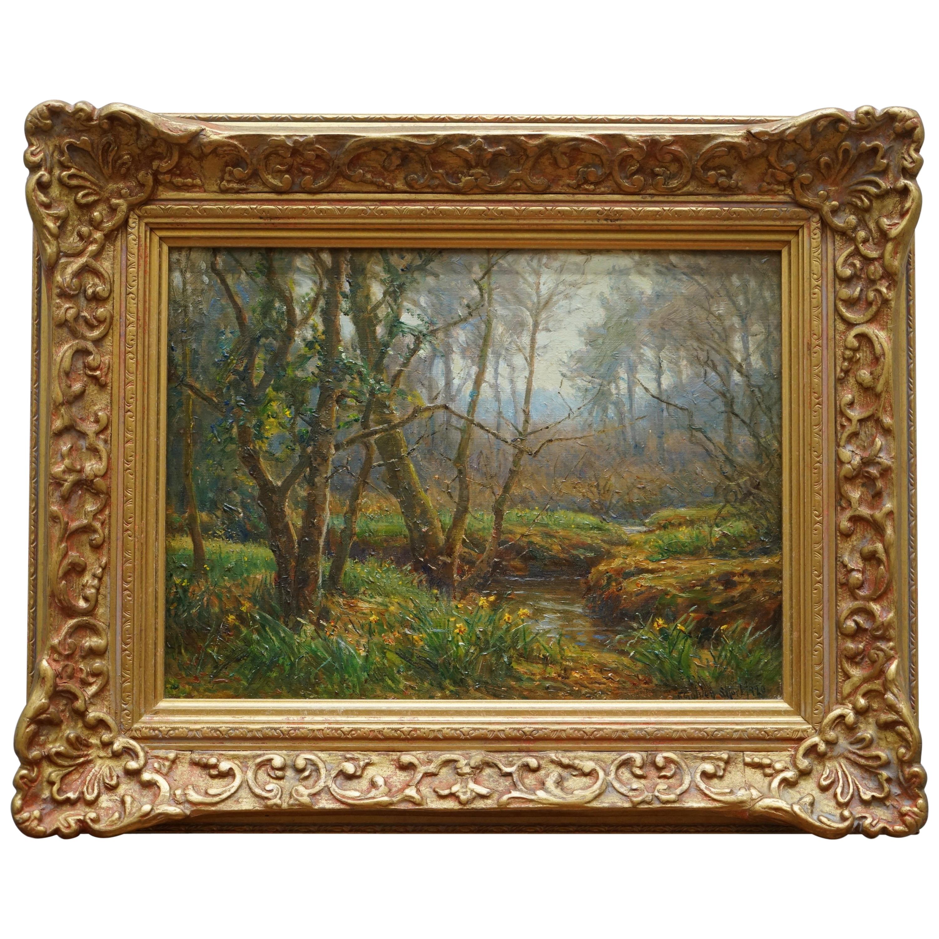 Peinture à l'huile Frederick Golden Short New Forest Woodland signée et datée de 1920