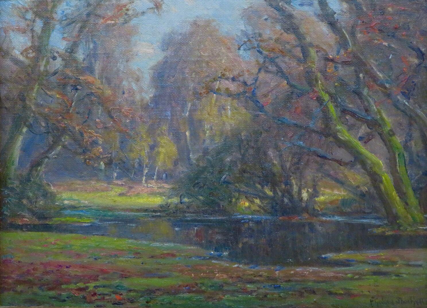 (1862-1936) New Forest Paisaje inglés original Pintura al óleo FIRMADA - Landscape Painting Marrón de Frederick Golden Short