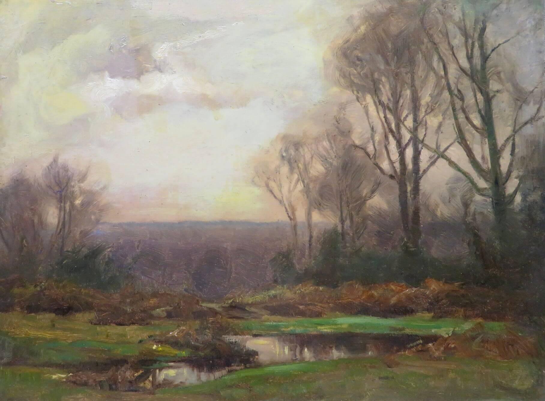 1863-1936 English Impressionist signed Oil painting NEW FOREST SUNSET HAMPSHIRE - Brown Landscape Painting by Frederick Golden Short