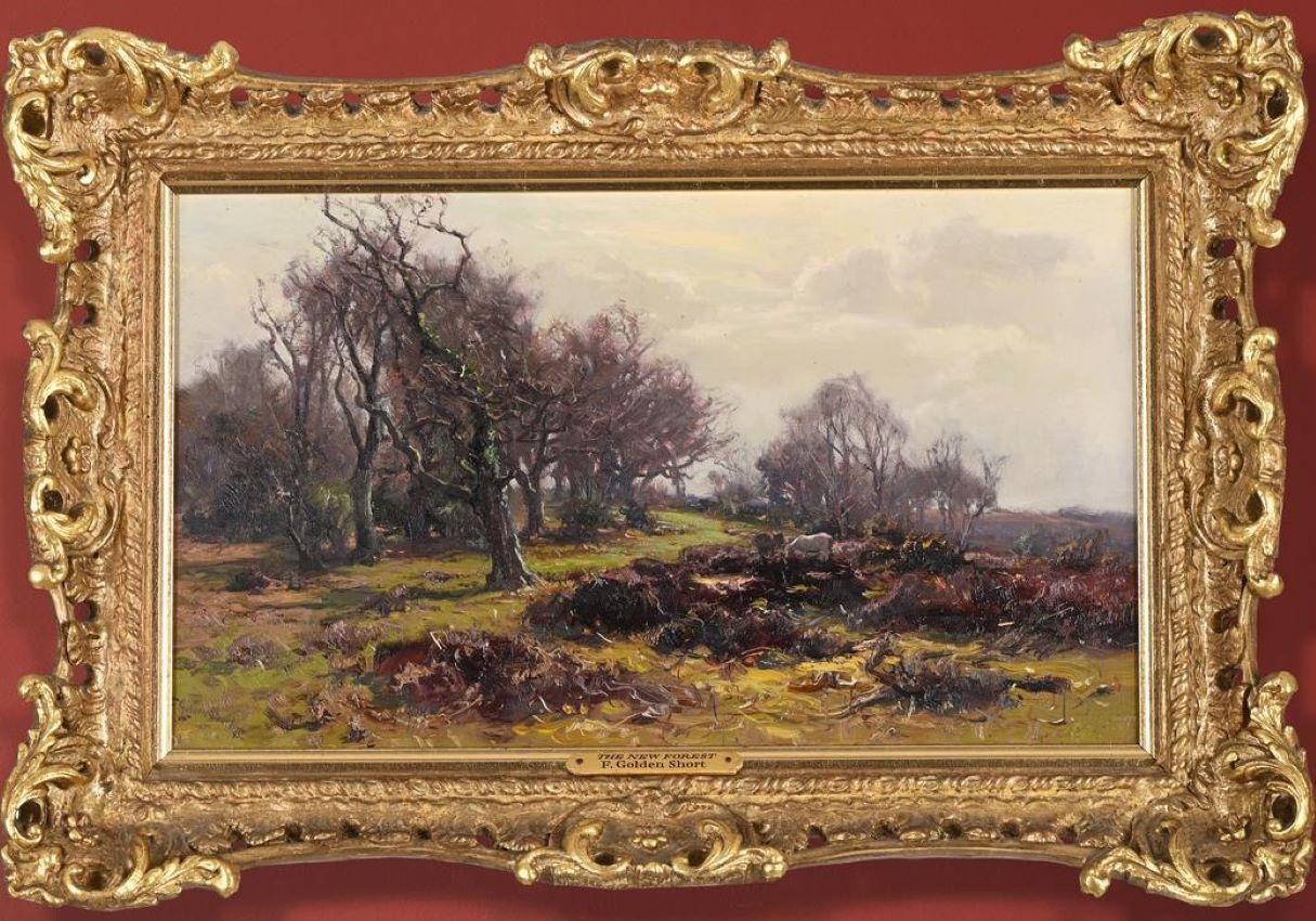 New Forest,Hampshire, 19th century,landscape oil, by Frederick Golden Short
A fine small framed  landscape oil painting on canvas of the new forest in hampshire with ponies 
by Frederick Golden short .Signed and dated 85 lower right
The size being