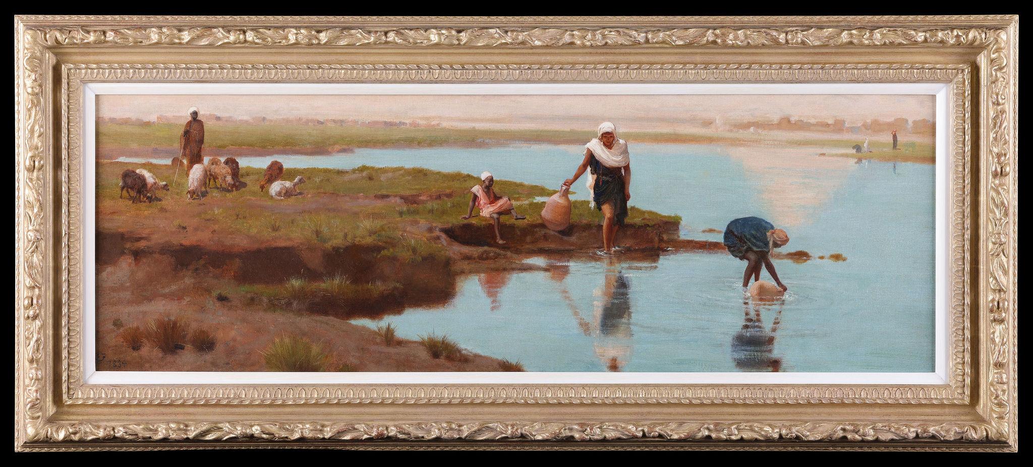 Berbers By the Water, Eygpt. Oil om board. monogrammed and dated