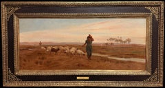 Fine Original Antique Oil Painting Desert Scene Camels & Sheep near Cairo