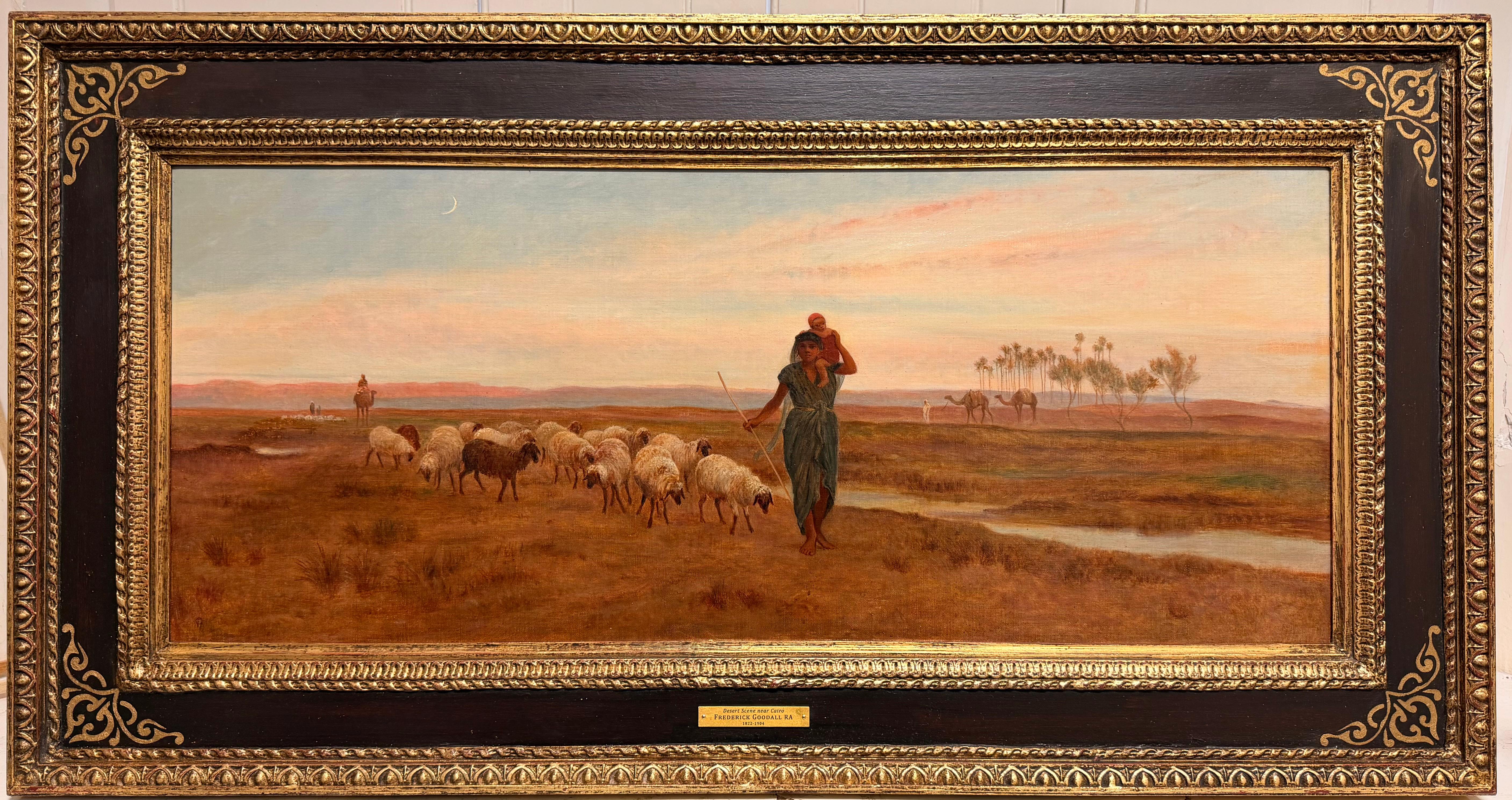 Animal Painting di Frederick Goodall R.A. - Bellissimo dipinto a olio d'epoca originale: scena desertica con cammelli e pecore nei pressi del Cairo