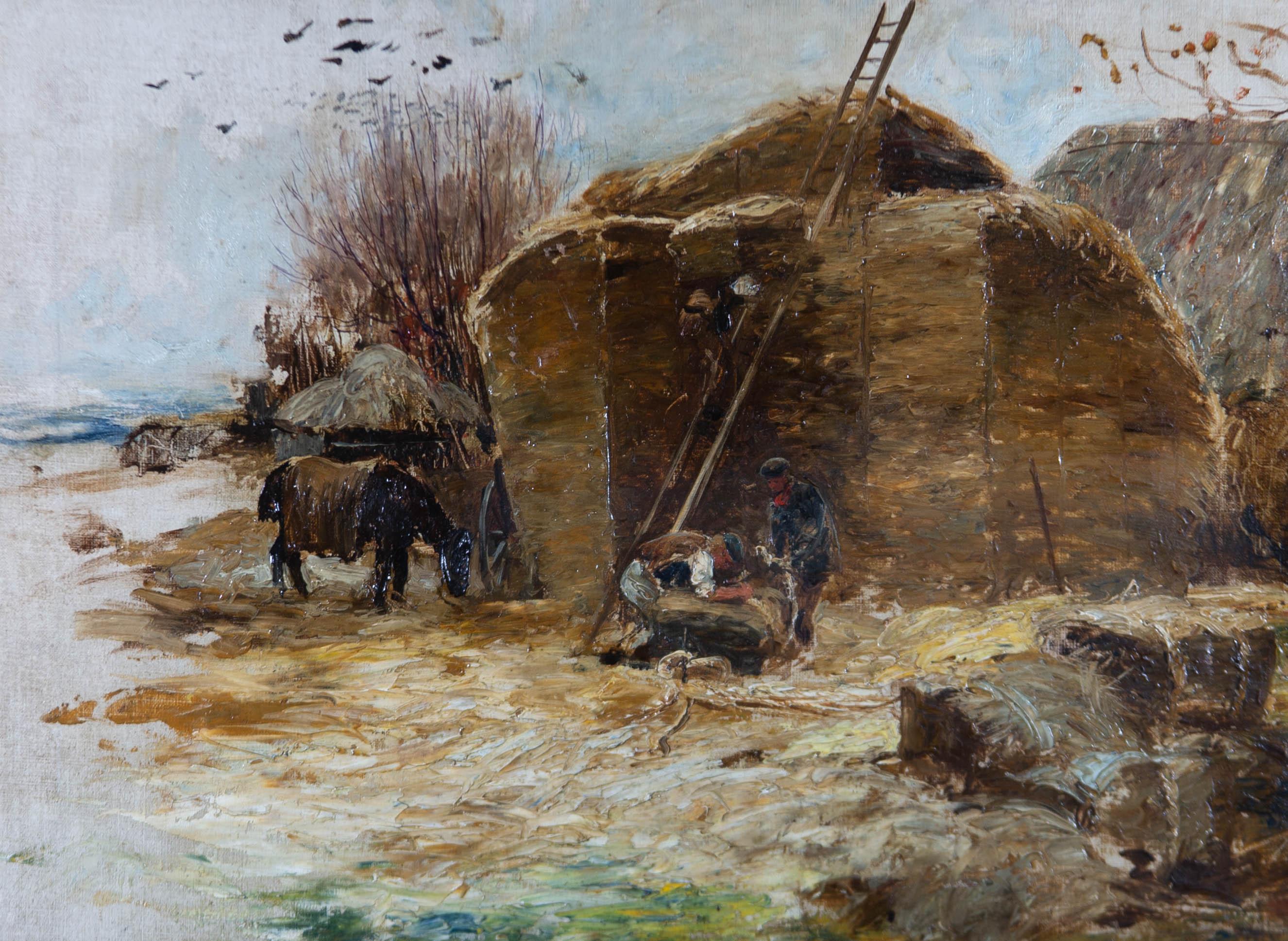 A wonderfully rustic, rural sketch in oil. This piece, likely a compositional test for a large, finer work, shows two men binding hay bails under a steel sky with their horse. The scene holds a nostalgic pastoral atmosphere, heightened by the earthy