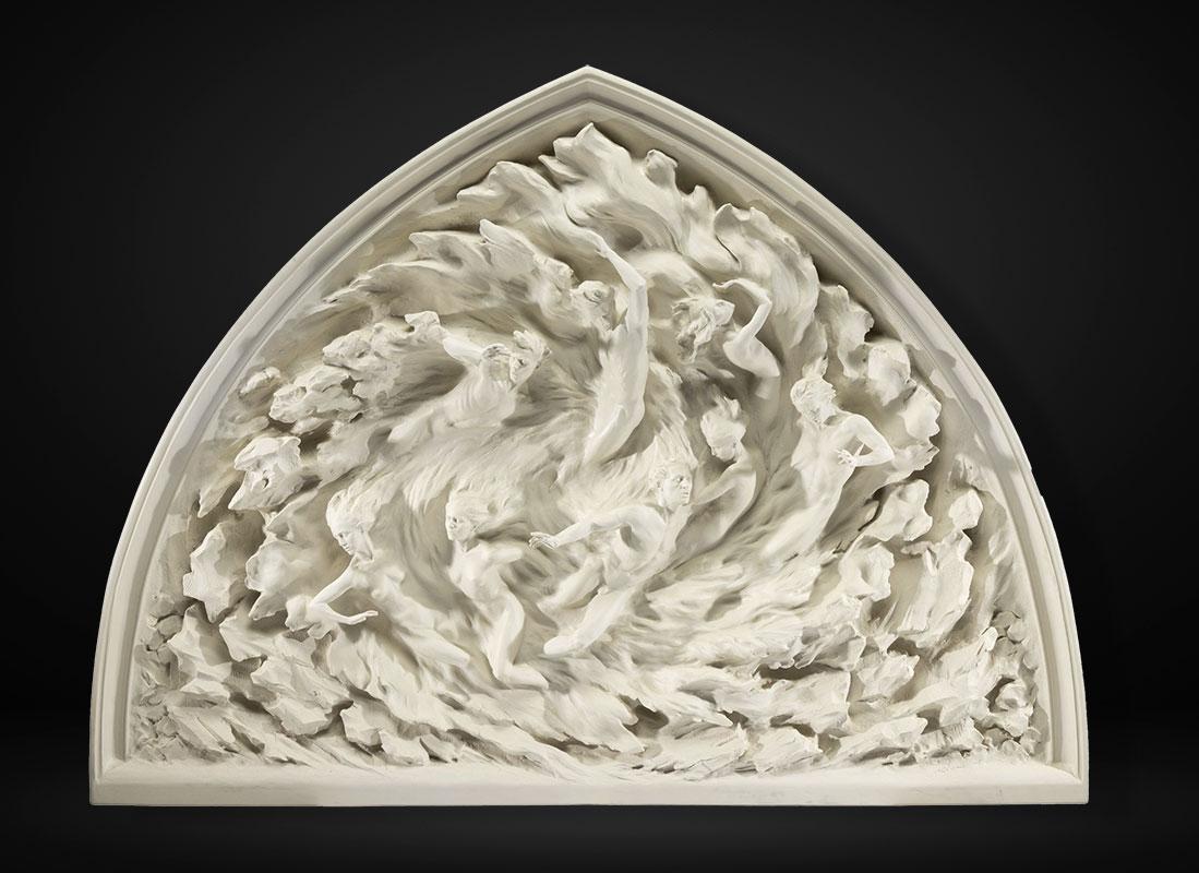 This stunning piece of cast marble commands attention with it's large presence and flowing details. Eight detailed figures emerge from a spiral of waves, reaching out. 

Frederick Hart has been described as America's greatest living representational
