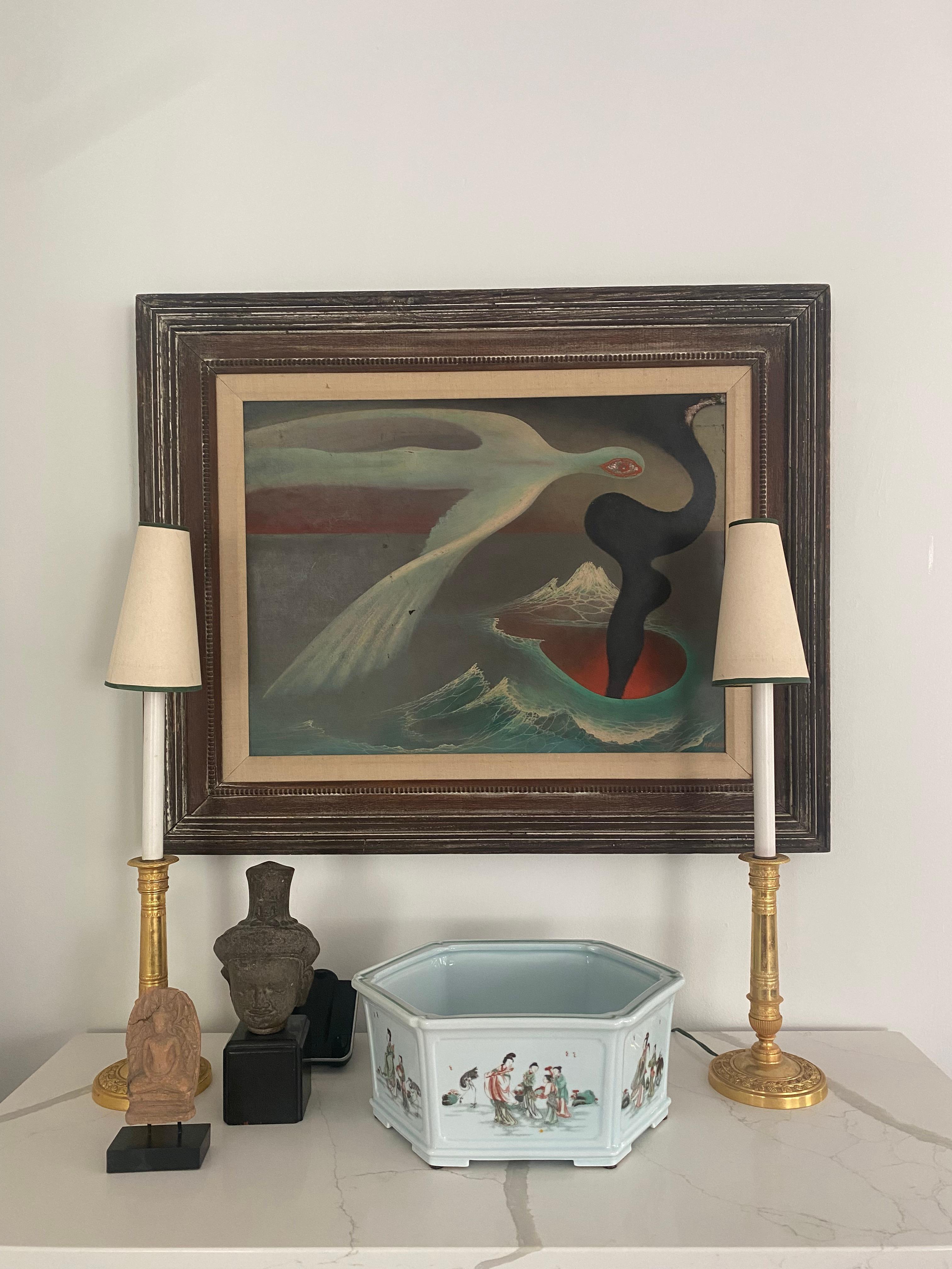Amazing surrealist painting of birds over an abyss by Haucke (1908-1960).
Born in S Africa died USA.
Artist published and exhibited in the USA in the 1940-50s and is in numerous art collections.

Site dimensions: 23-1/2 inches x 17-1/2 inches