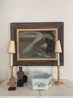 Frederick Haucke Arte surrealista pájaro en vuelo óleo sobre masonita moderno de mediados de siglo