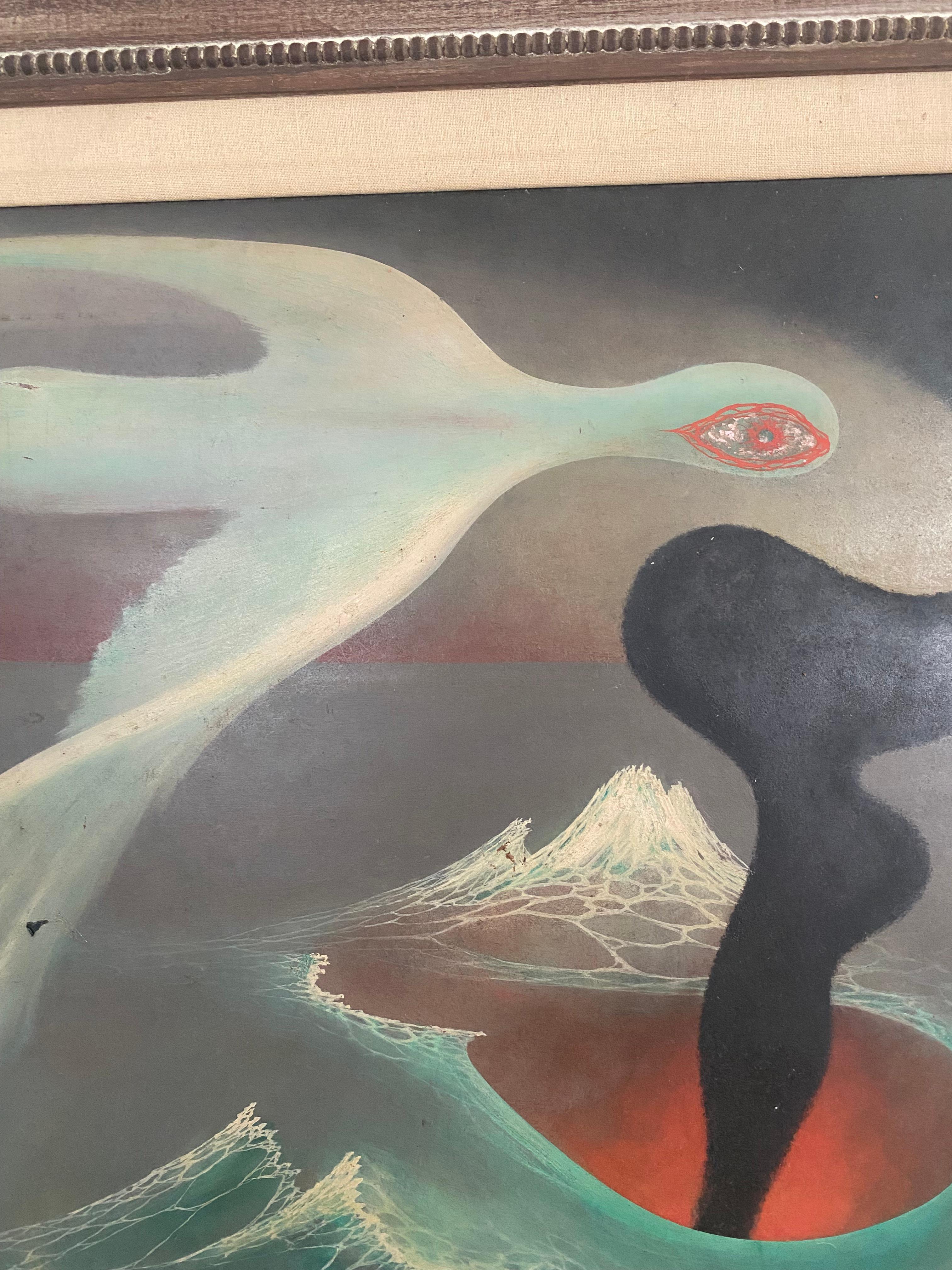 American Frederick Haucke Surreal art bird in flight oil on masonite mid century modern For Sale