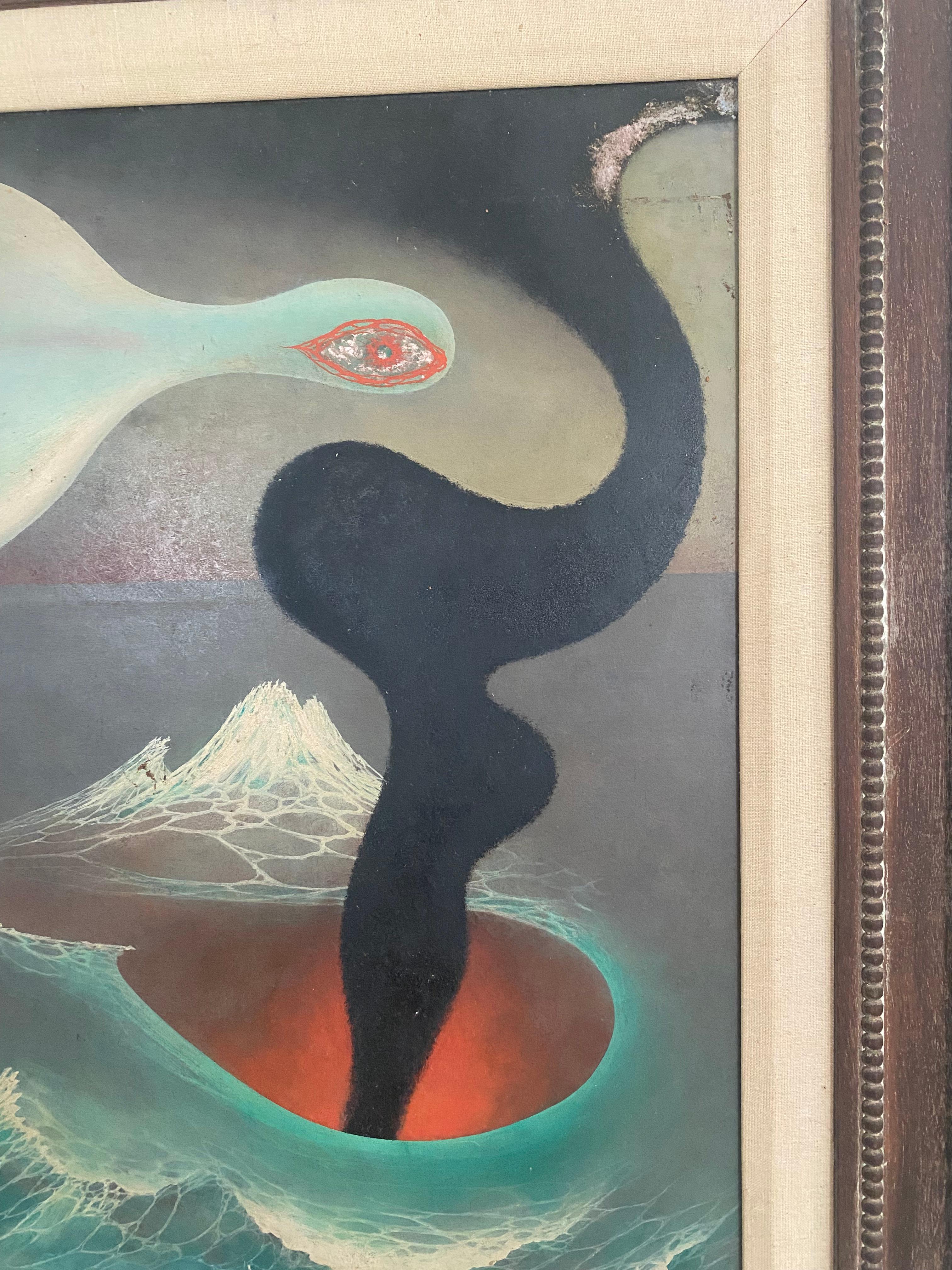 Painted Frederick Haucke Surreal art bird in flight oil on masonite mid century modern For Sale