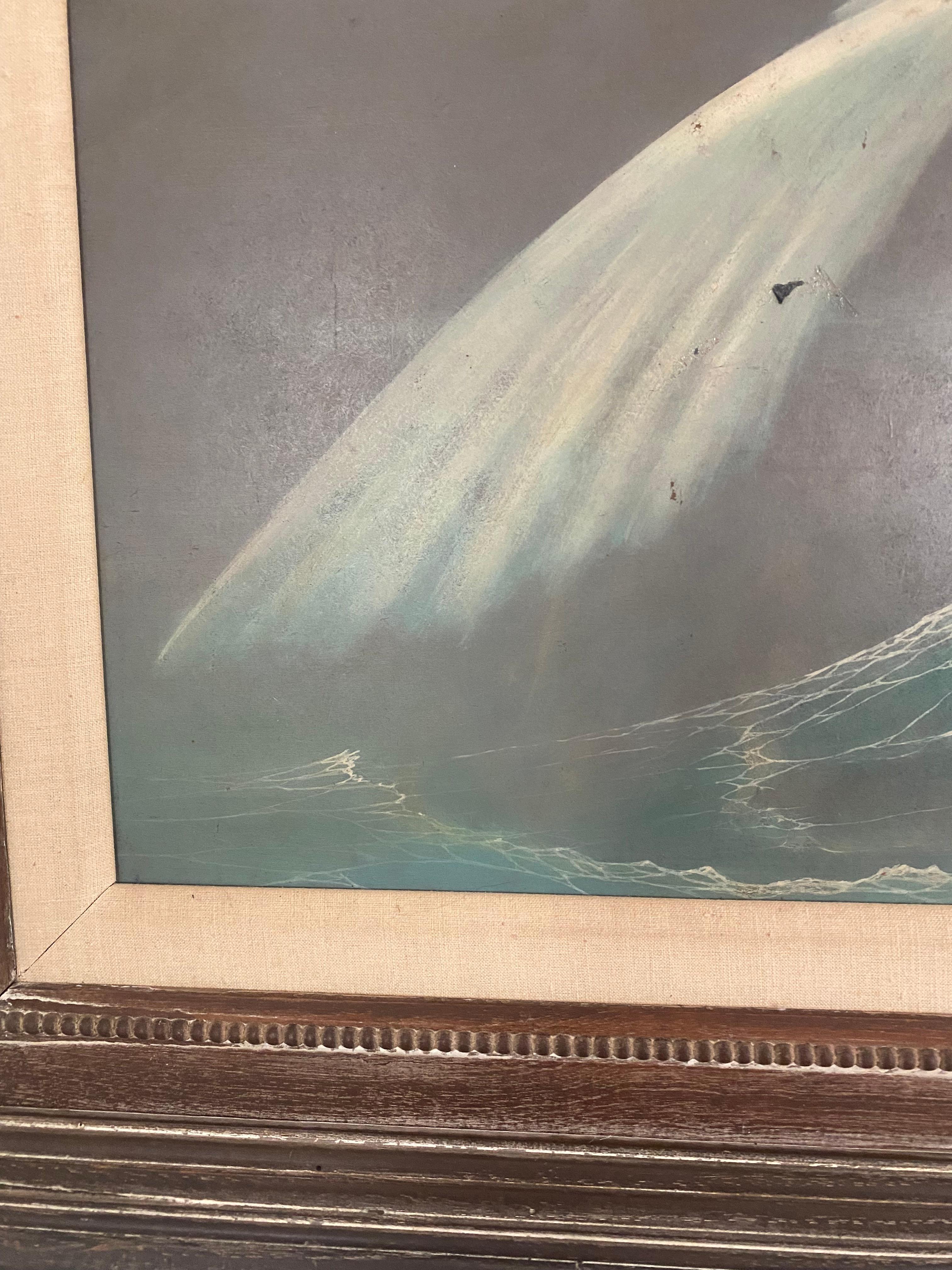 Frederick Haucke Surreal art bird in flight oil on masonite mid century modern In Good Condition For Sale In Bridgehampton, NY