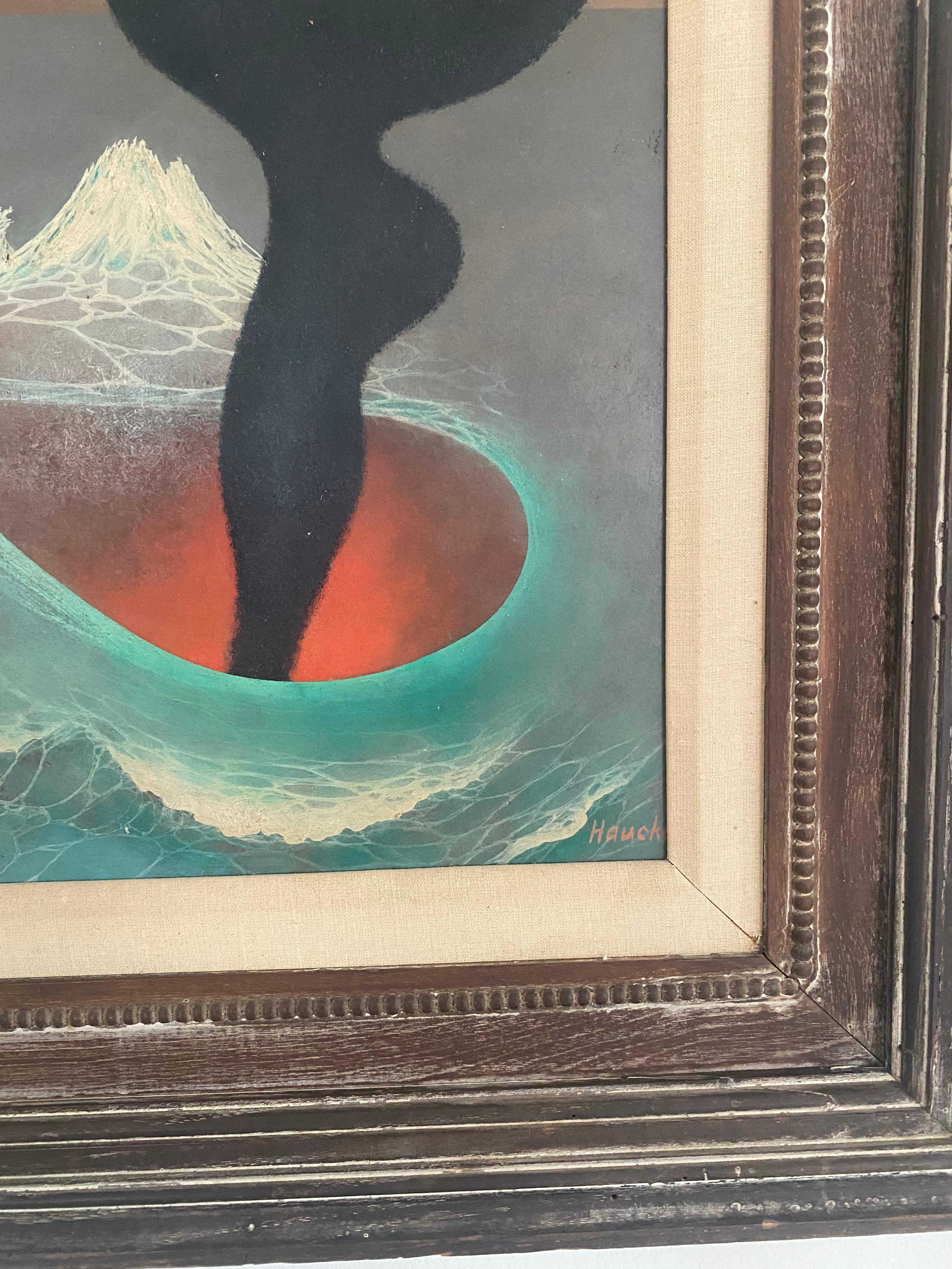 Wood Frederick Haucke Surreal art bird in flight oil on masonite mid century modern For Sale
