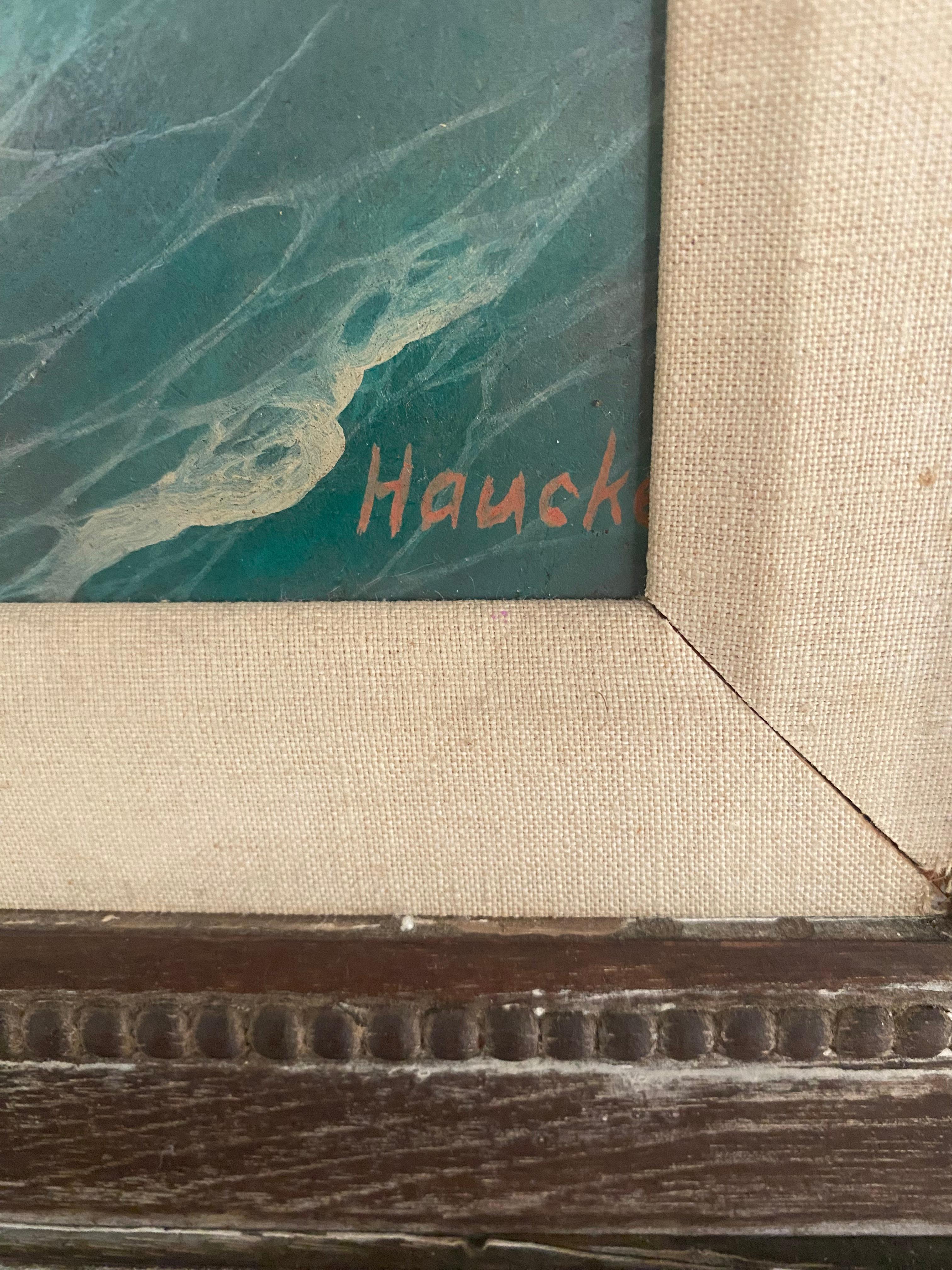 Frederick Haucke Surreal art bird in flight oil on masonite mid century modern For Sale 1
