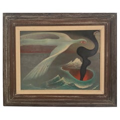 Frederick Haucke Surreal art bird in flight oil on masonite mid century modern
